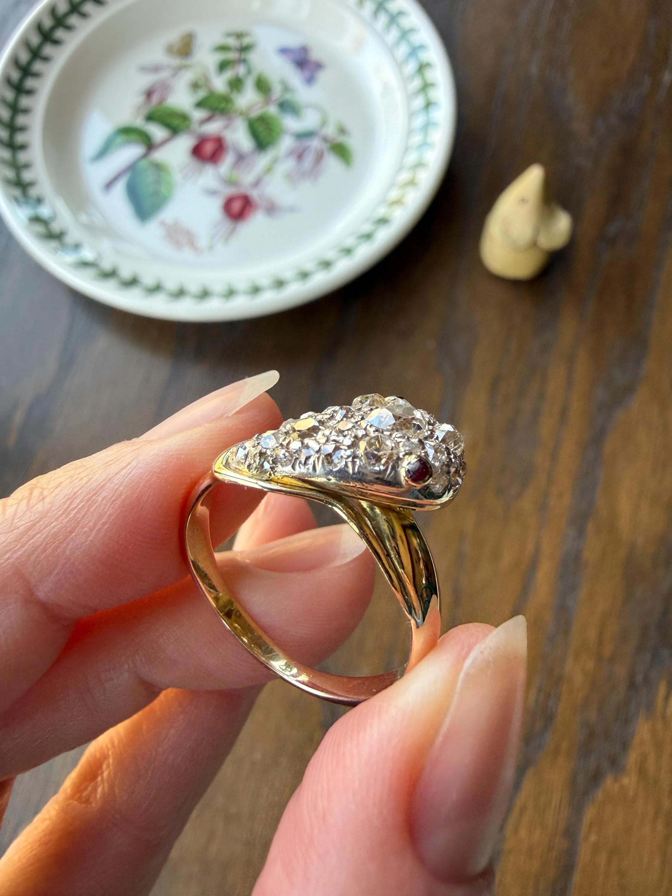 SNAKE Antique Figural Ring Chunky 1.5 Carat Rose Old Mine Cut Diamonds Encrusted Head Center Pear Ruby Eyes 18k Gold Solid 3D Band - Image 7