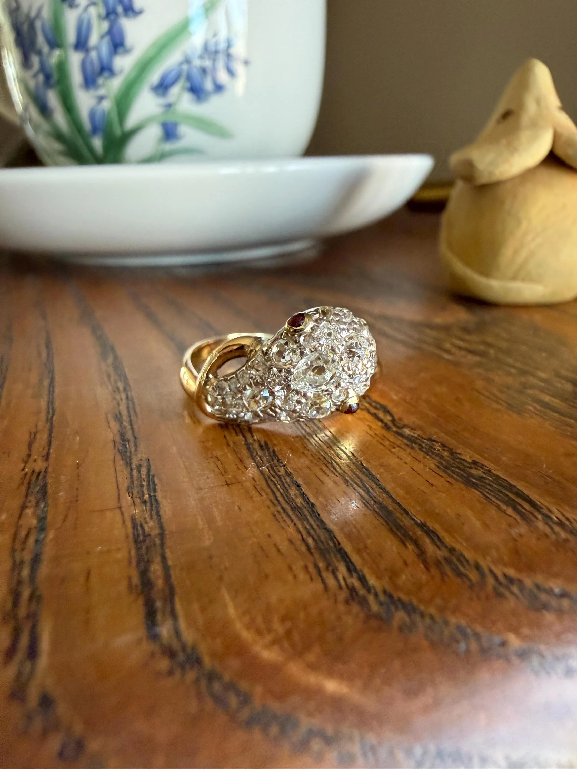 SNAKE Antique Figural Ring Chunky 1.5 Carat Rose Old Mine Cut Diamonds Encrusted Head Center Pear Ruby Eyes 18k Gold Solid 3D Band - Image 9