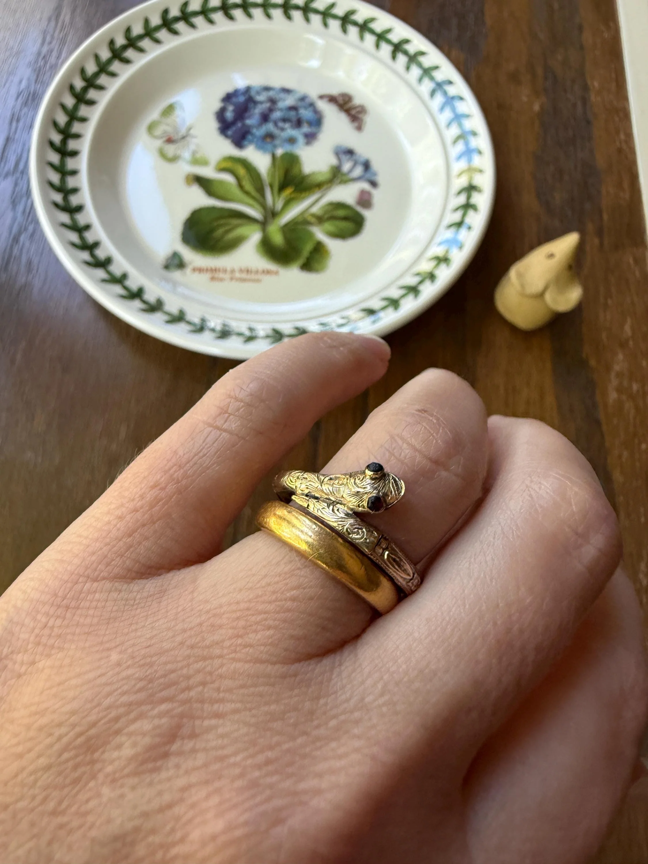 SNAKE Dated 1856 FLORAL Orange Blossom Forget Me Not Shank Victorian Band Garnet Eyes 14k Gold Figural Ring Animal Stacker Engraved Ooak - Image 10
