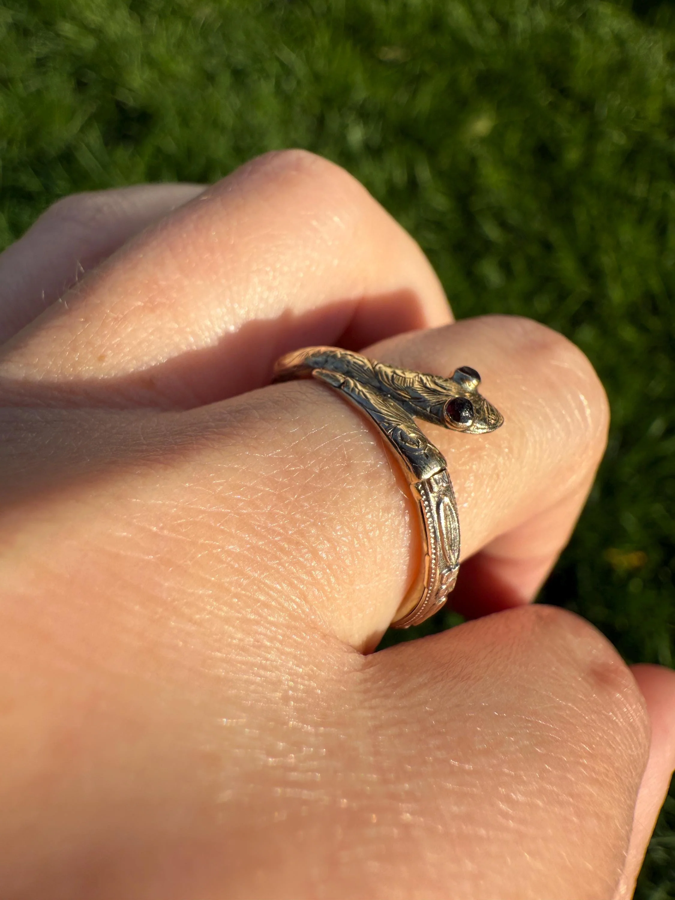 SNAKE Dated 1856 FLORAL Orange Blossom Forget Me Not Shank Victorian Band Garnet Eyes 14k Gold Figural Ring Animal Stacker Engraved Ooak - Image 2