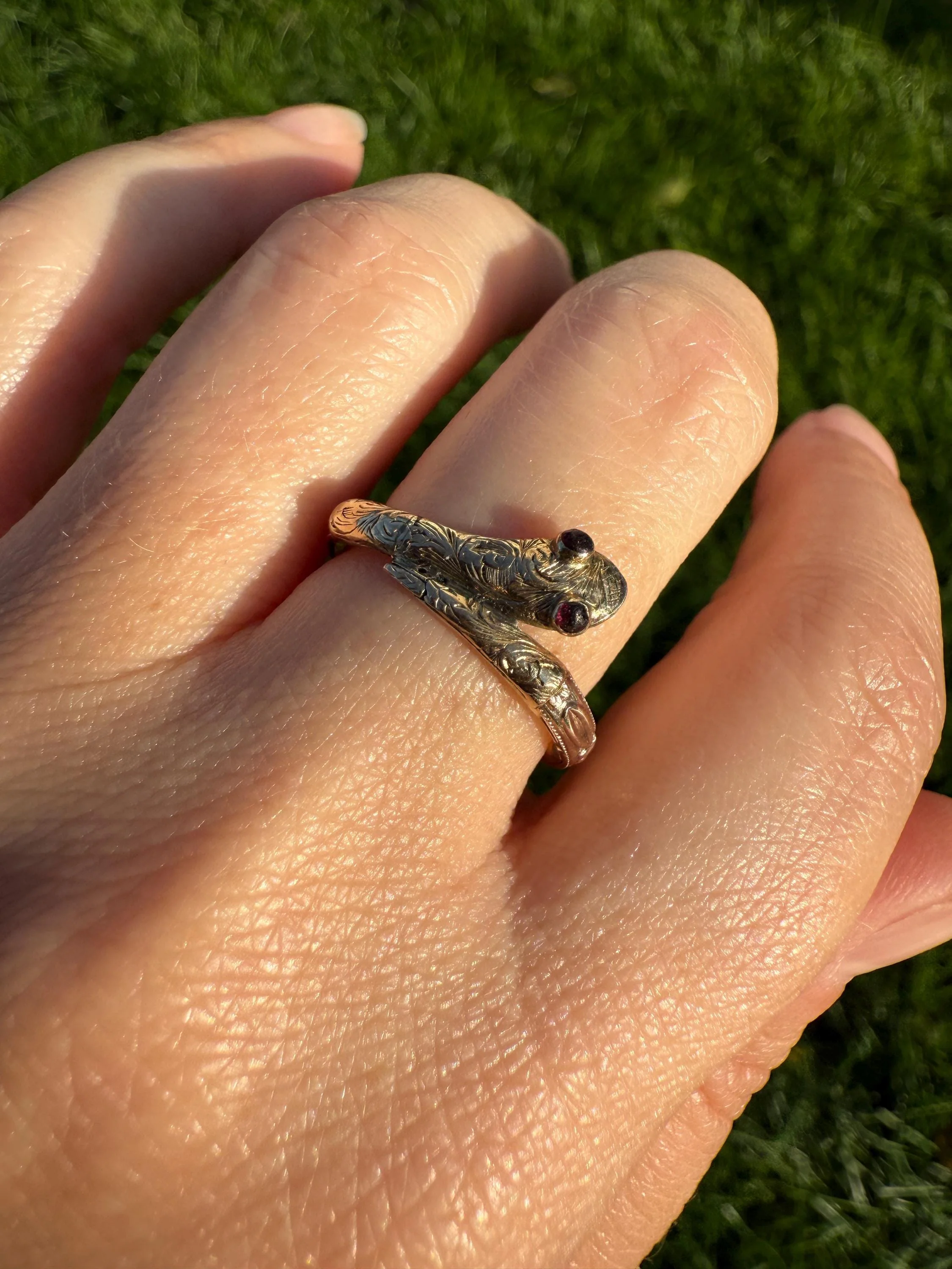 SNAKE Dated 1856 FLORAL Orange Blossom Forget Me Not Shank Victorian Band Garnet Eyes 14k Gold Figural Ring Animal Stacker Engraved Ooak - Image 4