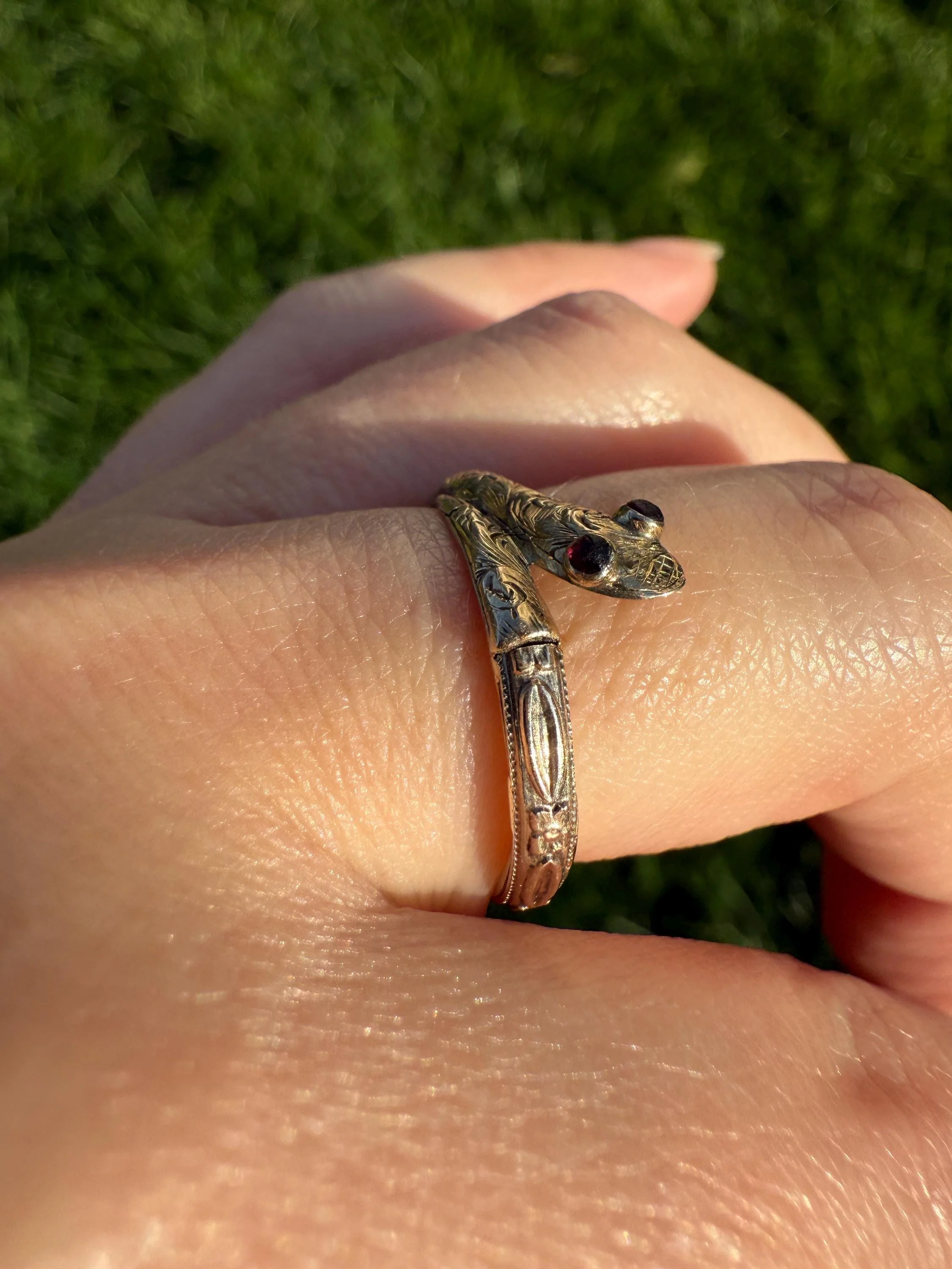 SNAKE Dated 1856 FLORAL Orange Blossom Forget Me Not Shank Victorian Band Garnet Eyes 14k Gold Figural Ring Animal Stacker Engraved Ooak - Image 5