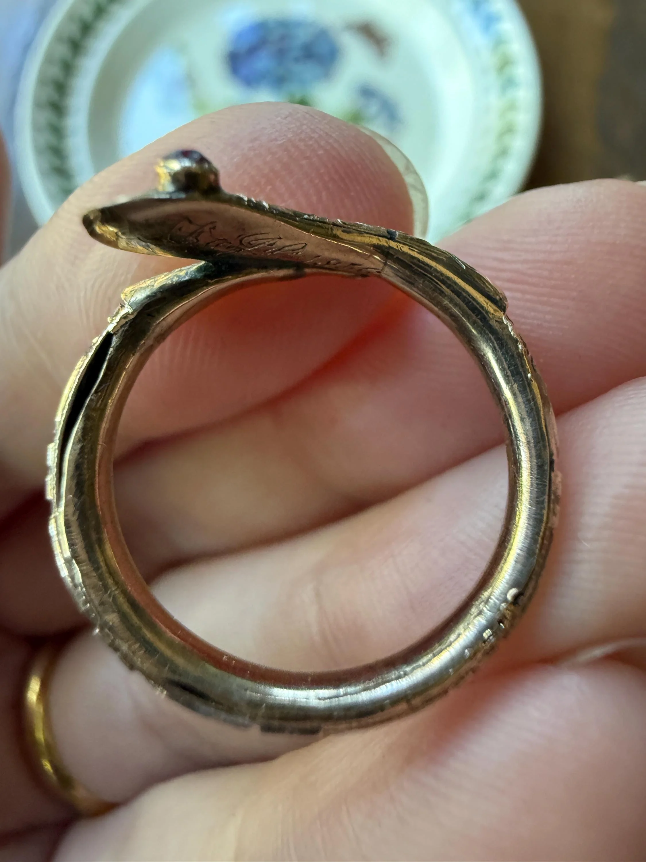 SNAKE Dated 1856 FLORAL Orange Blossom Forget Me Not Shank Victorian Band Garnet Eyes 14k Gold Figural Ring Animal Stacker Engraved Ooak - Image 9