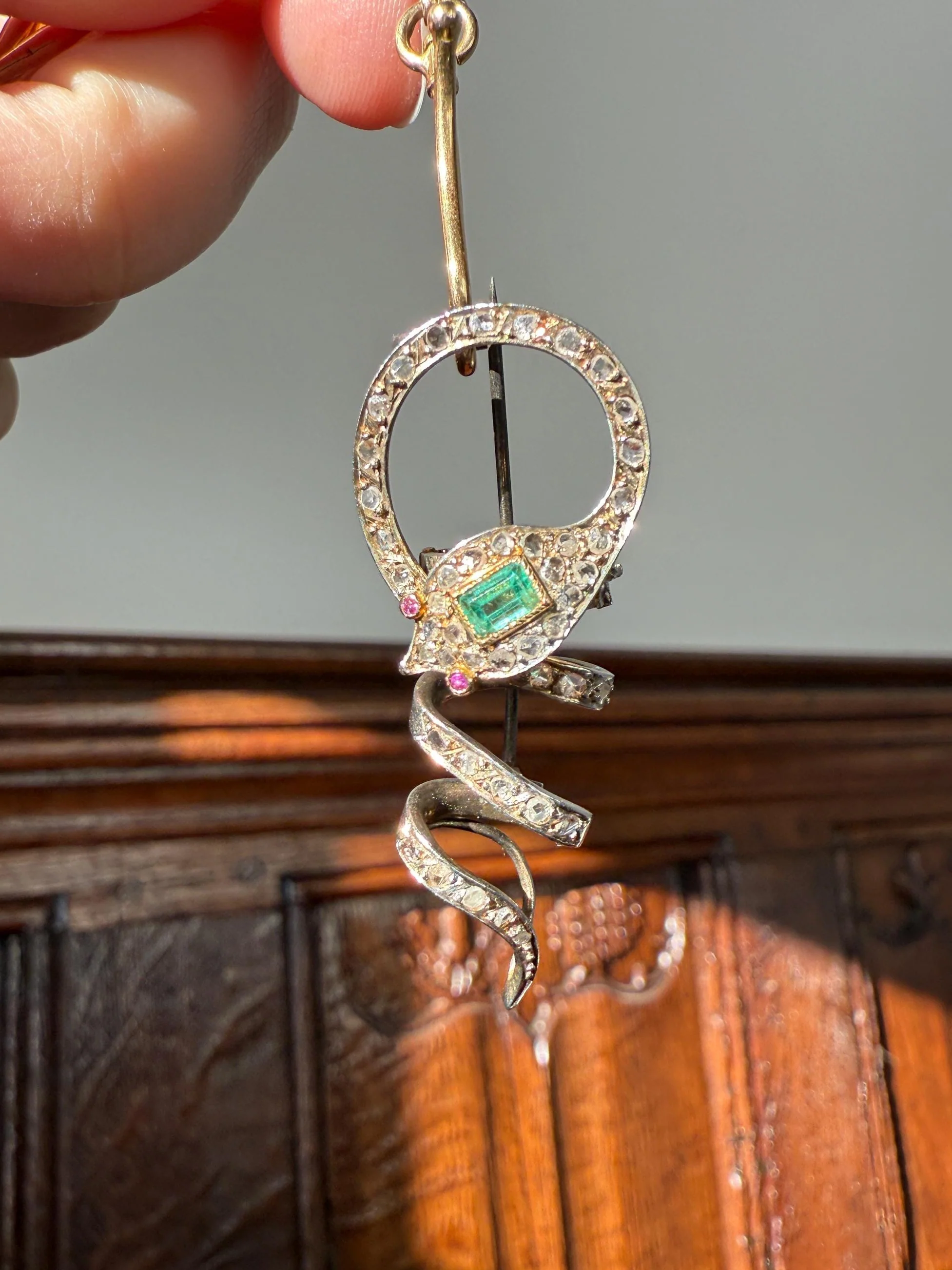 SNAKE French Antique Silver & 18k GOLD Emerald Rose Cut DIAMOND Gem Set Brooch Pendant Connector Cobra Green Figural Victorian