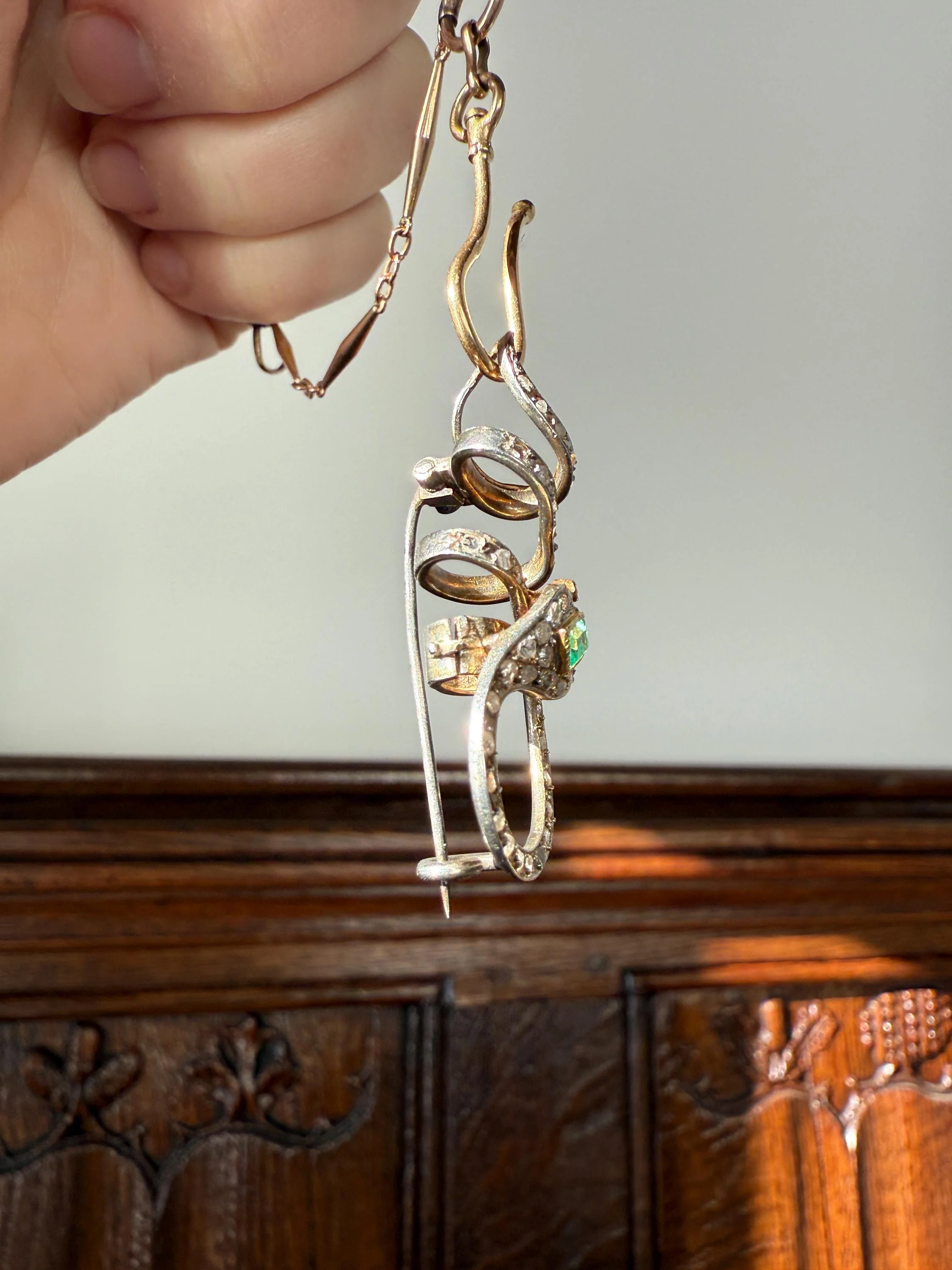 SNAKE French Antique Silver & 18k GOLD Emerald Rose Cut DIAMOND Gem Set Brooch Pendant Connector Cobra Green Figural Victorian - Image 11