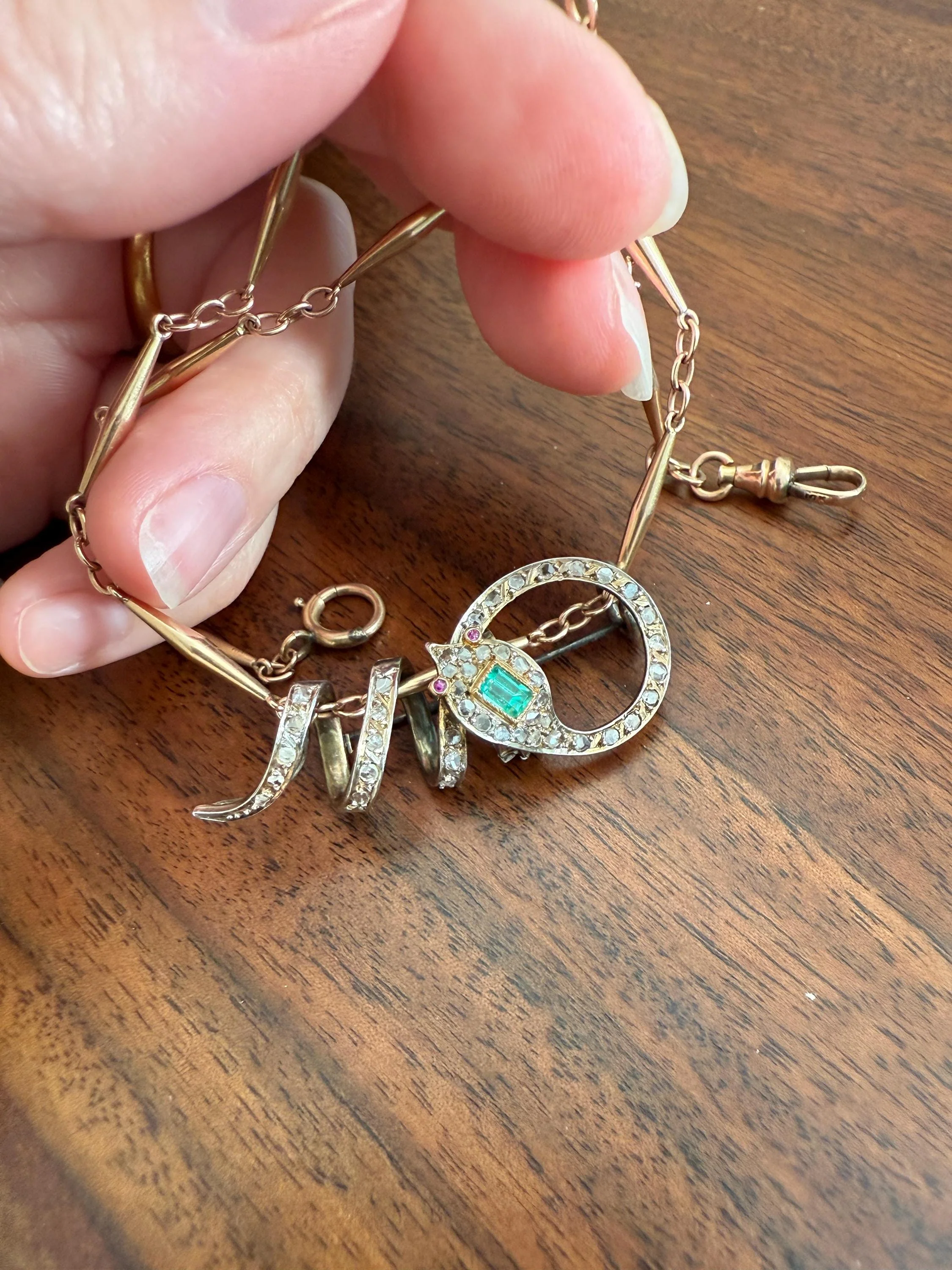 SNAKE French Antique Silver & 18k GOLD Emerald Rose Cut DIAMOND Gem Set Brooch Pendant Connector Cobra Green Figural Victorian - Image 16