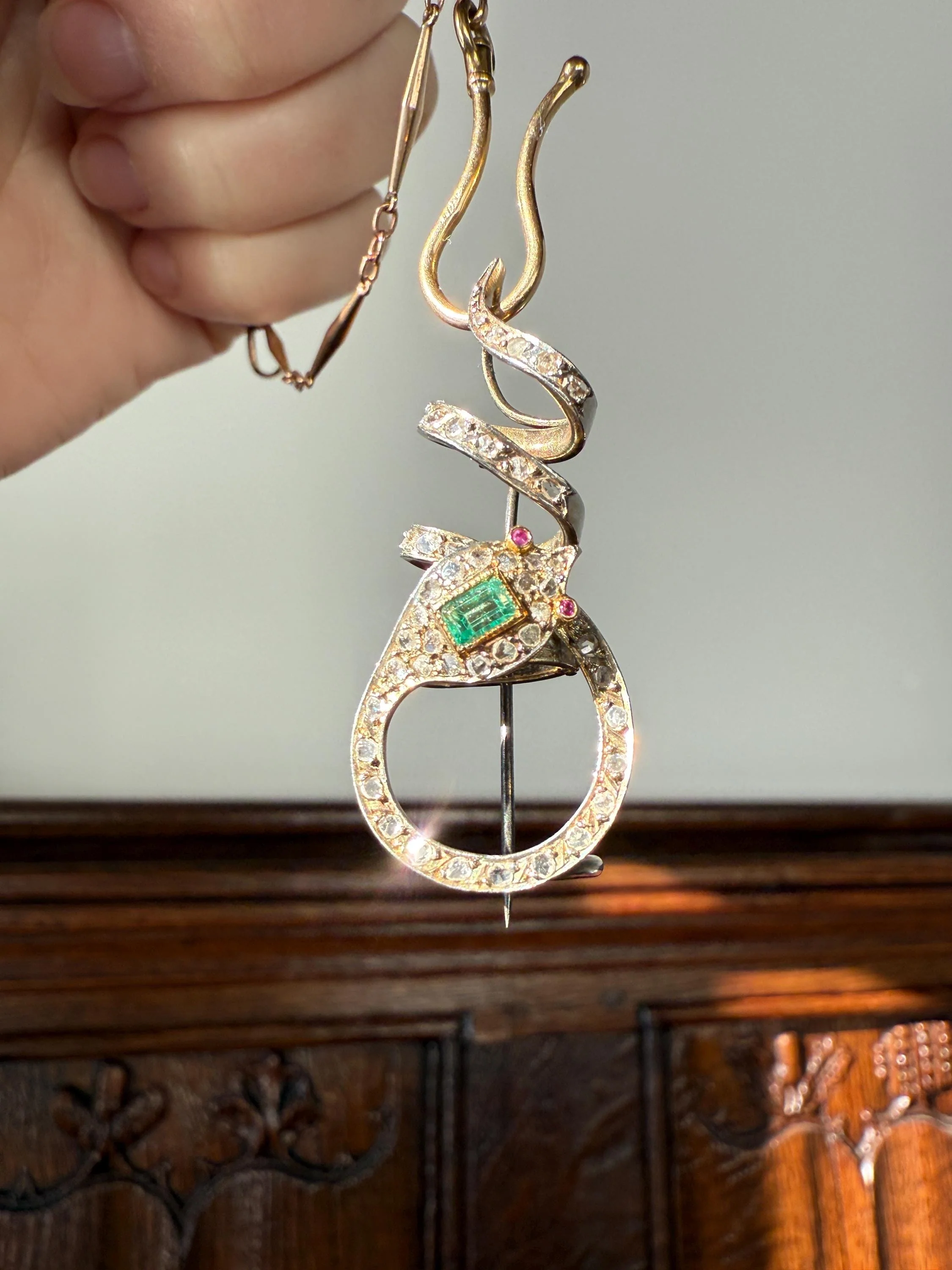 SNAKE French Antique Silver & 18k GOLD Emerald Rose Cut DIAMOND Gem Set Brooch Pendant Connector Cobra Green Figural Victorian - Image 3