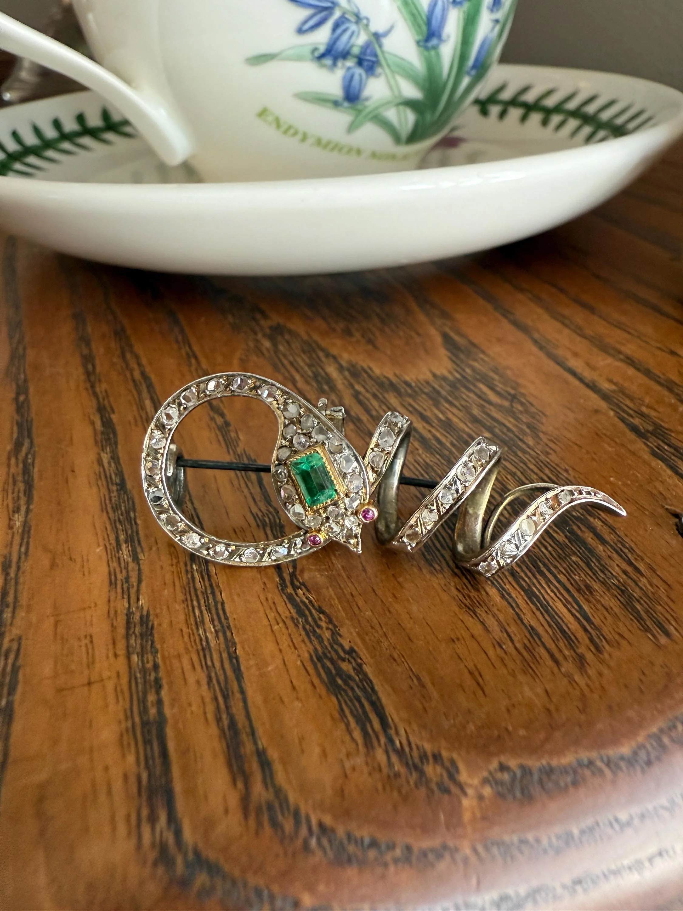 SNAKE French Antique Silver & 18k GOLD Emerald Rose Cut DIAMOND Gem Set Brooch Pendant Connector Cobra Green Figural Victorian - Image 4
