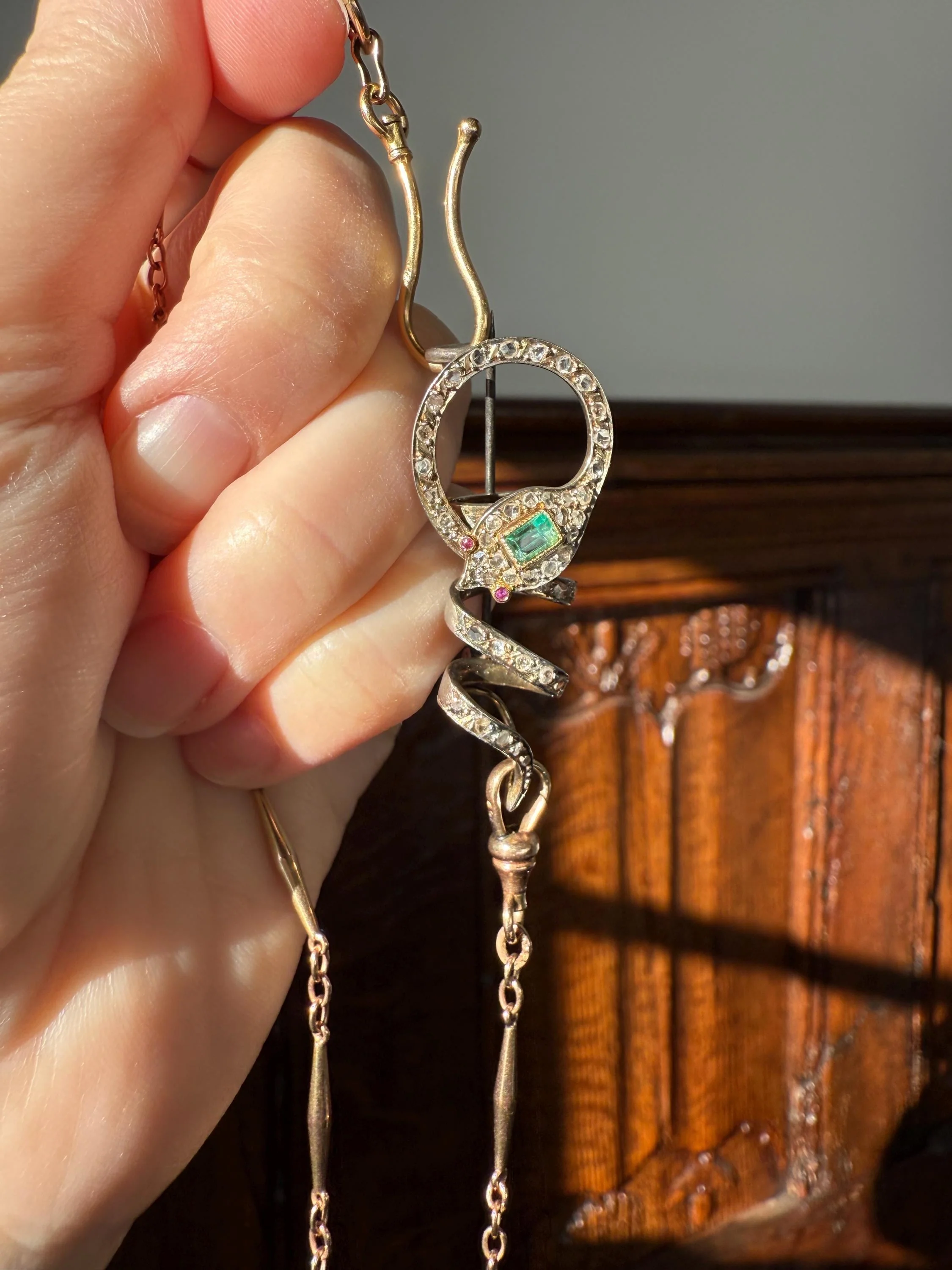 SNAKE French Antique Silver & 18k GOLD Emerald Rose Cut DIAMOND Gem Set Brooch Pendant Connector Cobra Green Figural Victorian - Image 5