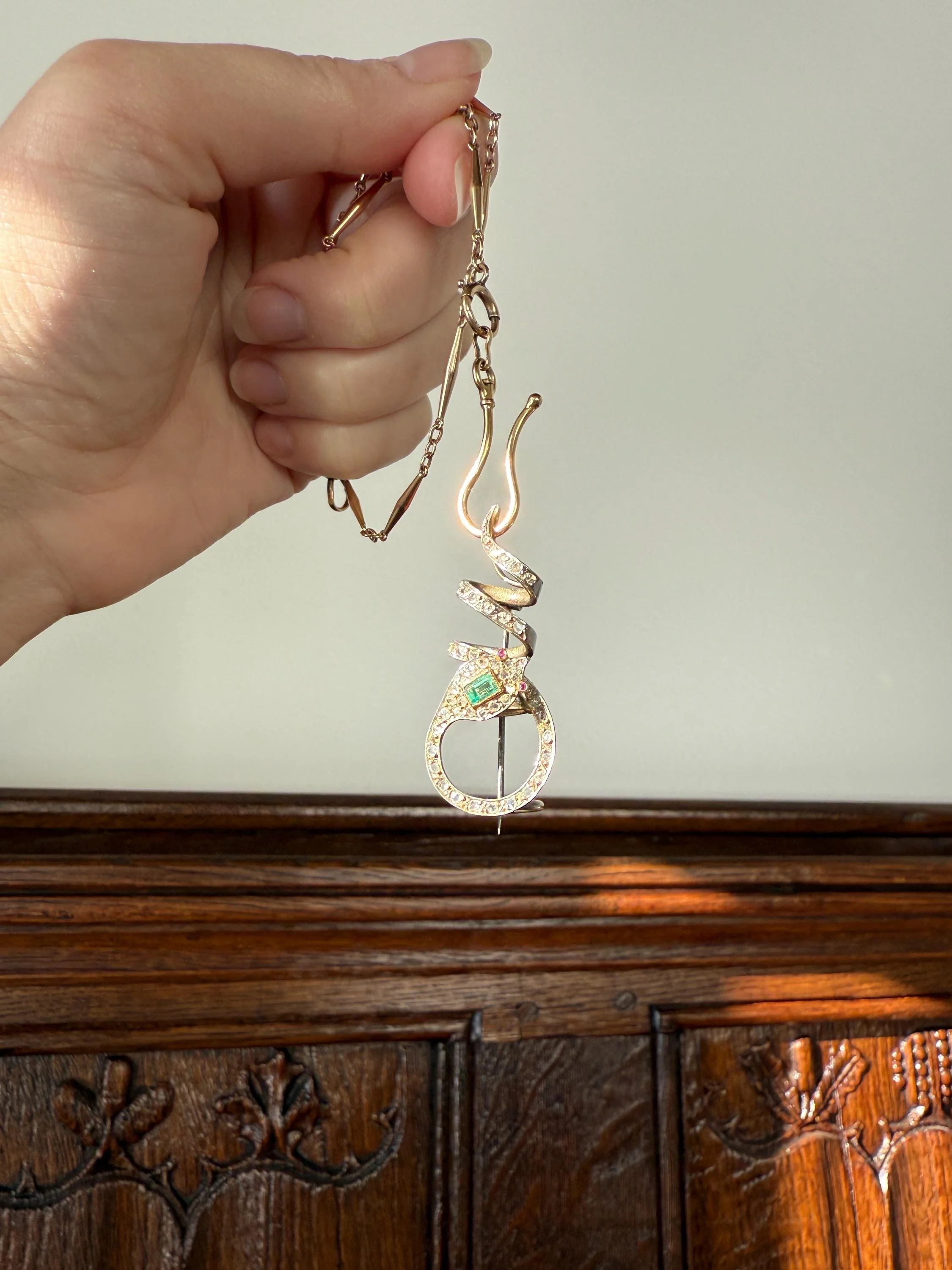 SNAKE French Antique Silver & 18k GOLD Emerald Rose Cut DIAMOND Gem Set Brooch Pendant Connector Cobra Green Figural Victorian - Image 7
