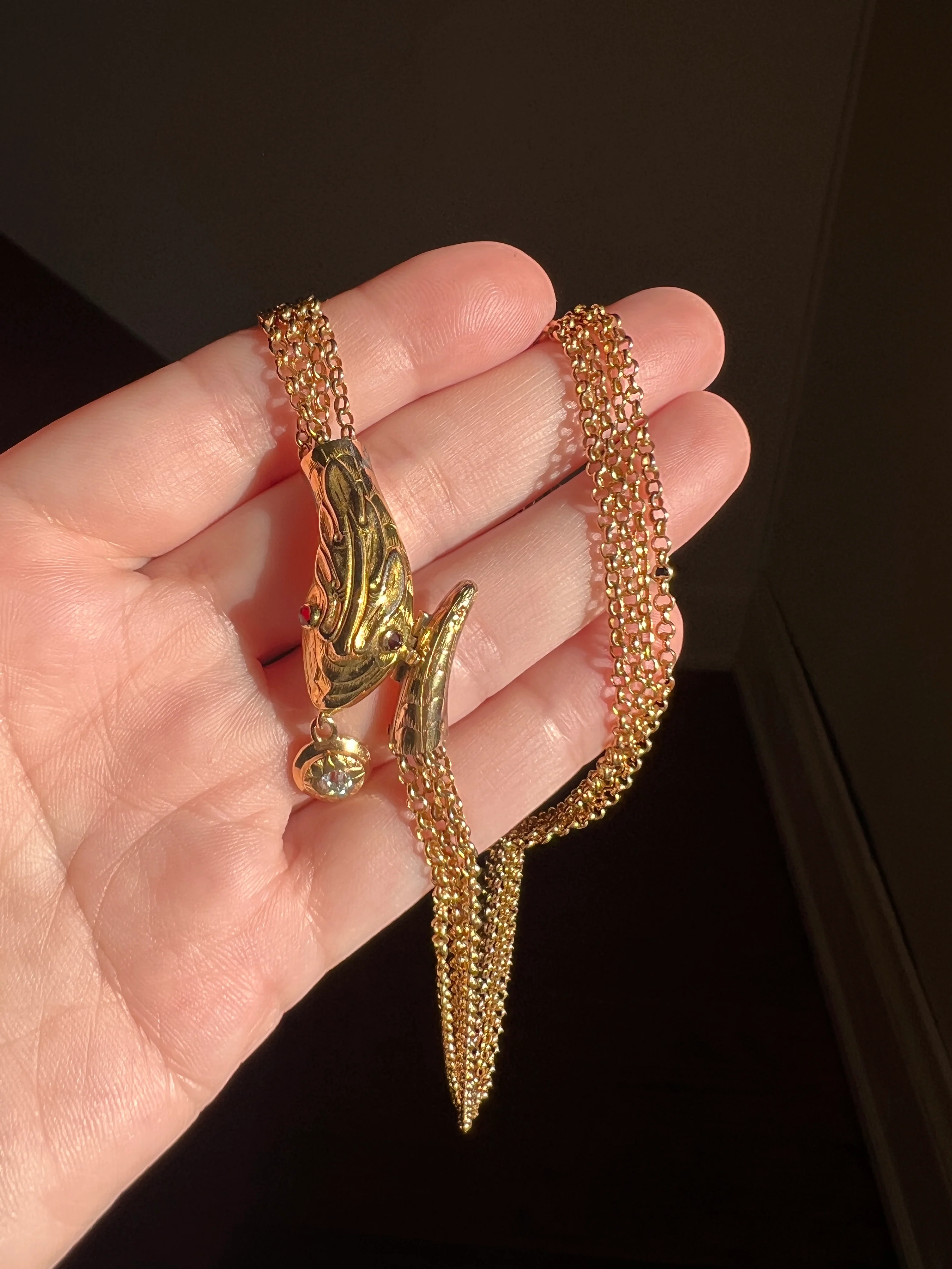 SNAKE Georgian Antique Old Mine Cut DIAMOND Four Multi Strand Cable Chain NECKLACE 18k Gold Figural Serpent Garnet Eyes - Image 12