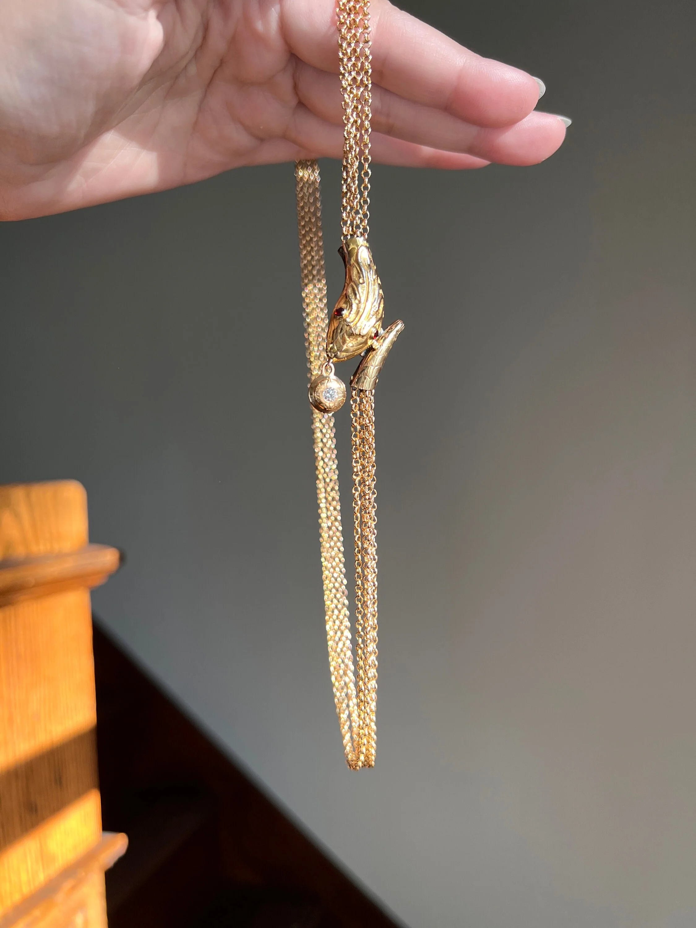 SNAKE Georgian Antique Old Mine Cut DIAMOND Four Multi Strand Cable Chain NECKLACE 18k Gold Figural Serpent Garnet Eyes - Image 4