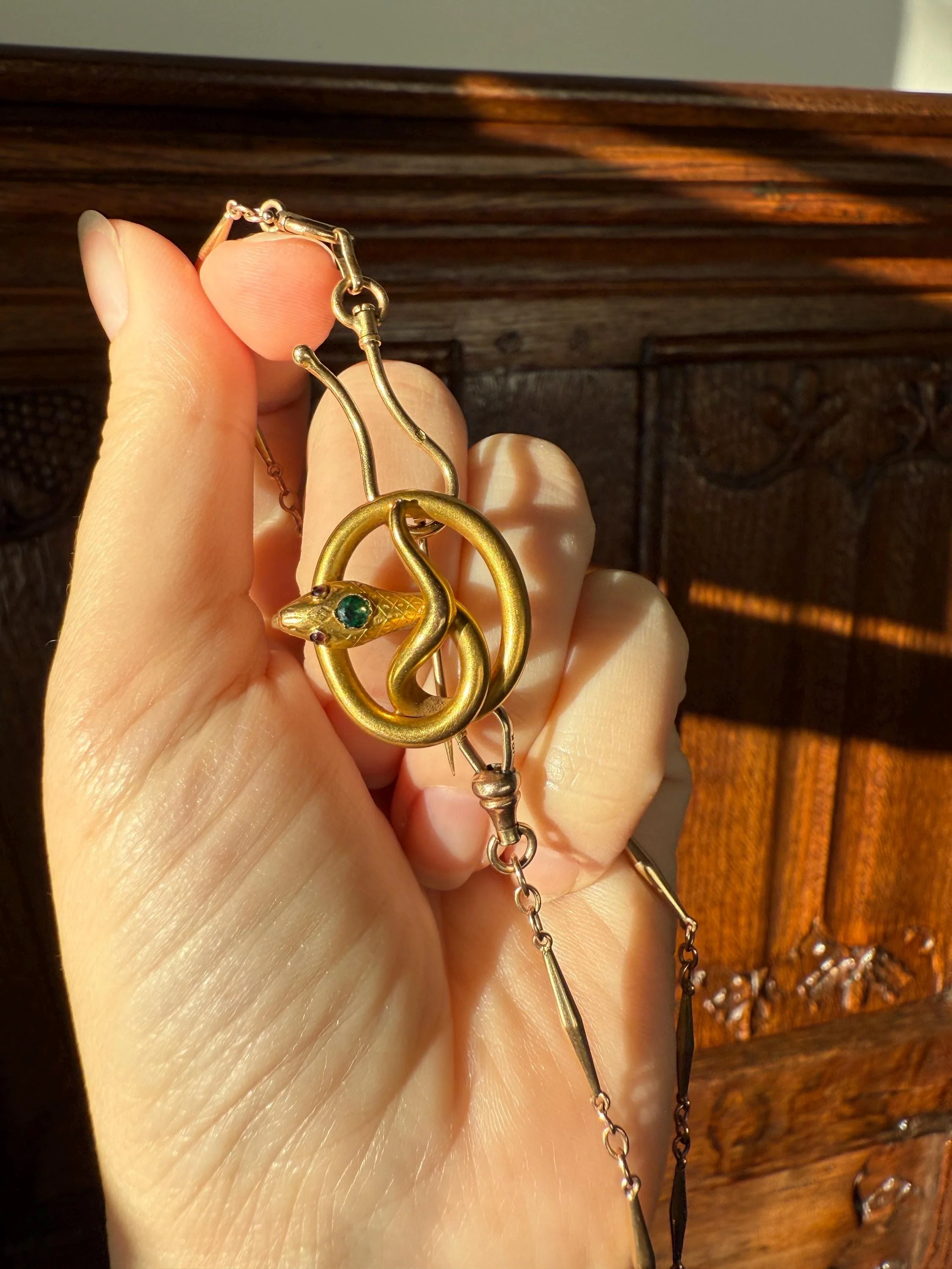 SNAKE Victorian Antique Figural 18k Gold Solid French Brooch w/ Pendant Holder Extender Connector Green Emerald Head Ruby Eyes - Image 11