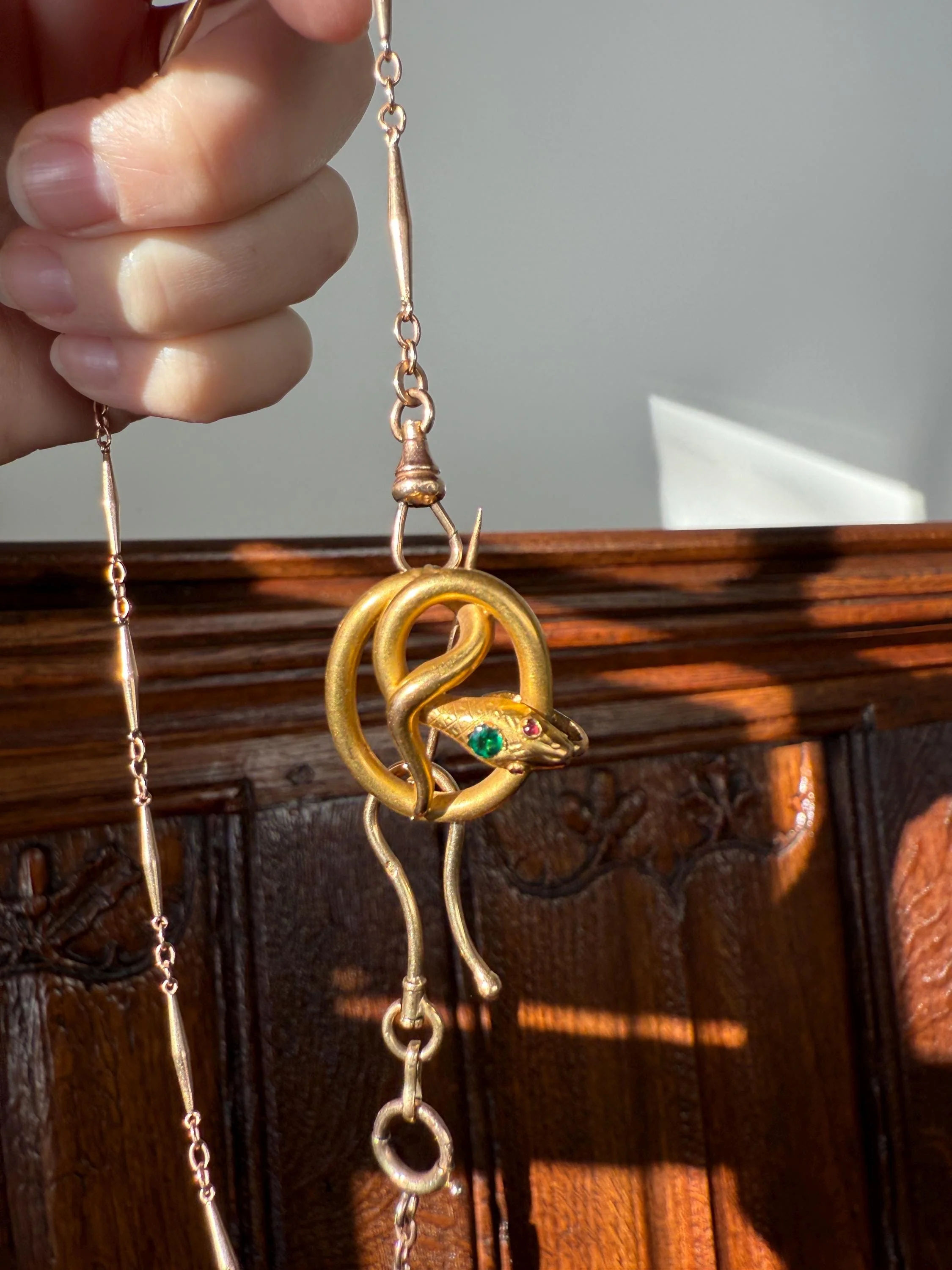 SNAKE Victorian Antique Figural 18k Gold Solid French Brooch w/ Pendant Holder Extender Connector Green Emerald Head Ruby Eyes - Image 2