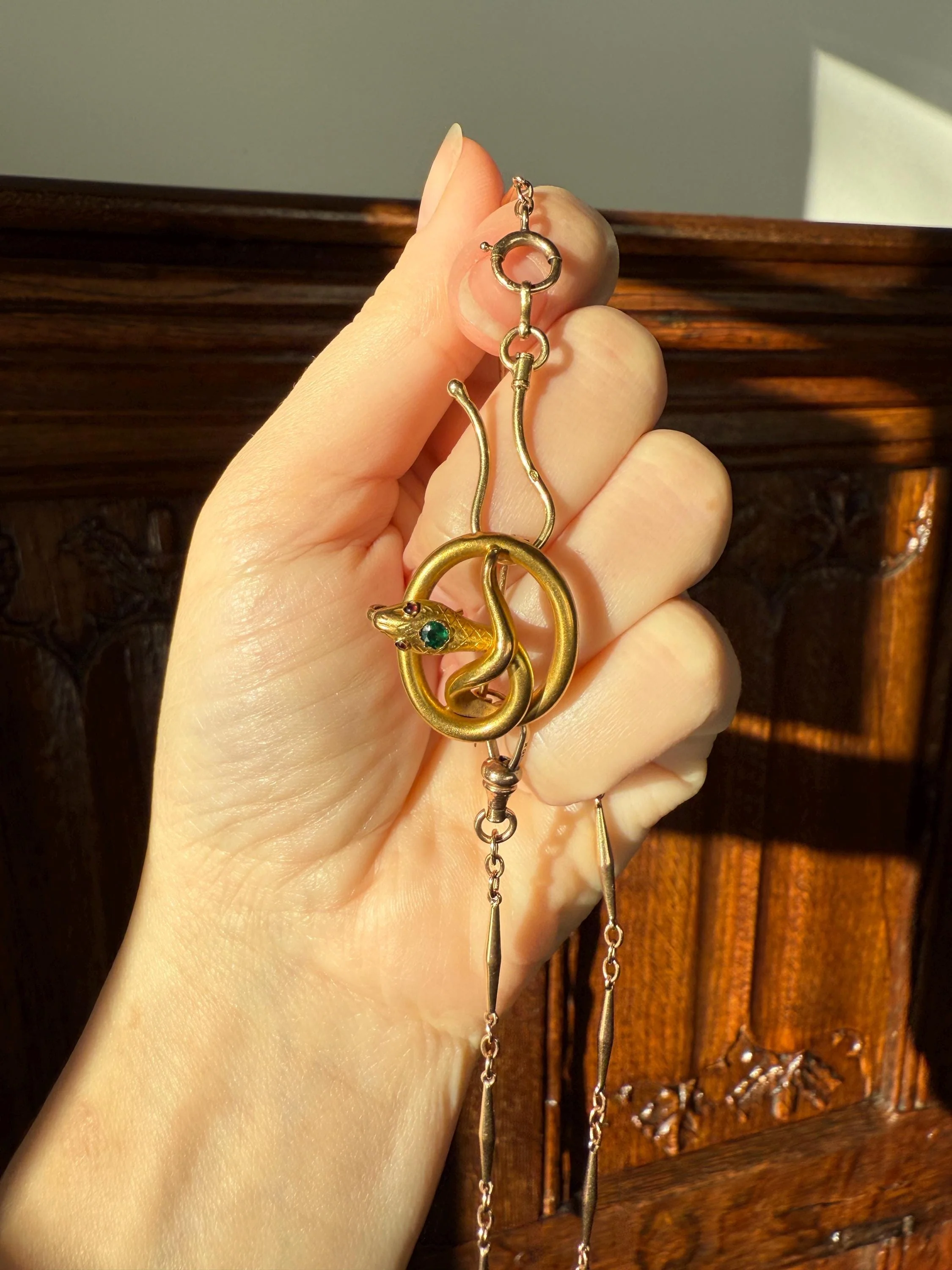 SNAKE Victorian Antique Figural 18k Gold Solid French Brooch w/ Pendant Holder Extender Connector Green Emerald Head Ruby Eyes - Image 5