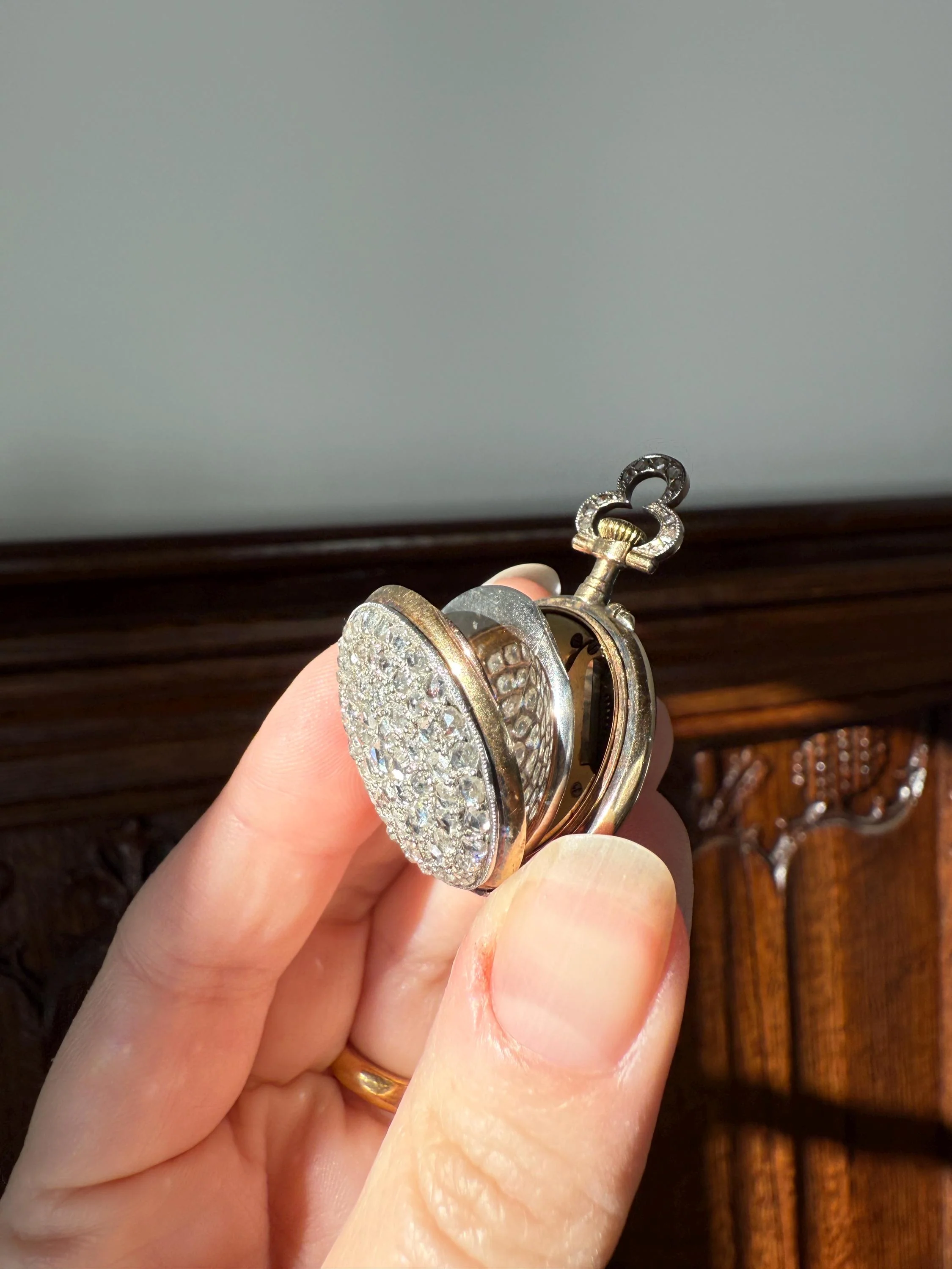 Sparkle Bomb ENTIRELY DIAMOND Encrusted French VICTORIAN Chunky Rose Cut Diamond Antique 18k Gold Silver Pocket Watch Case Pendant Locket - Image 8