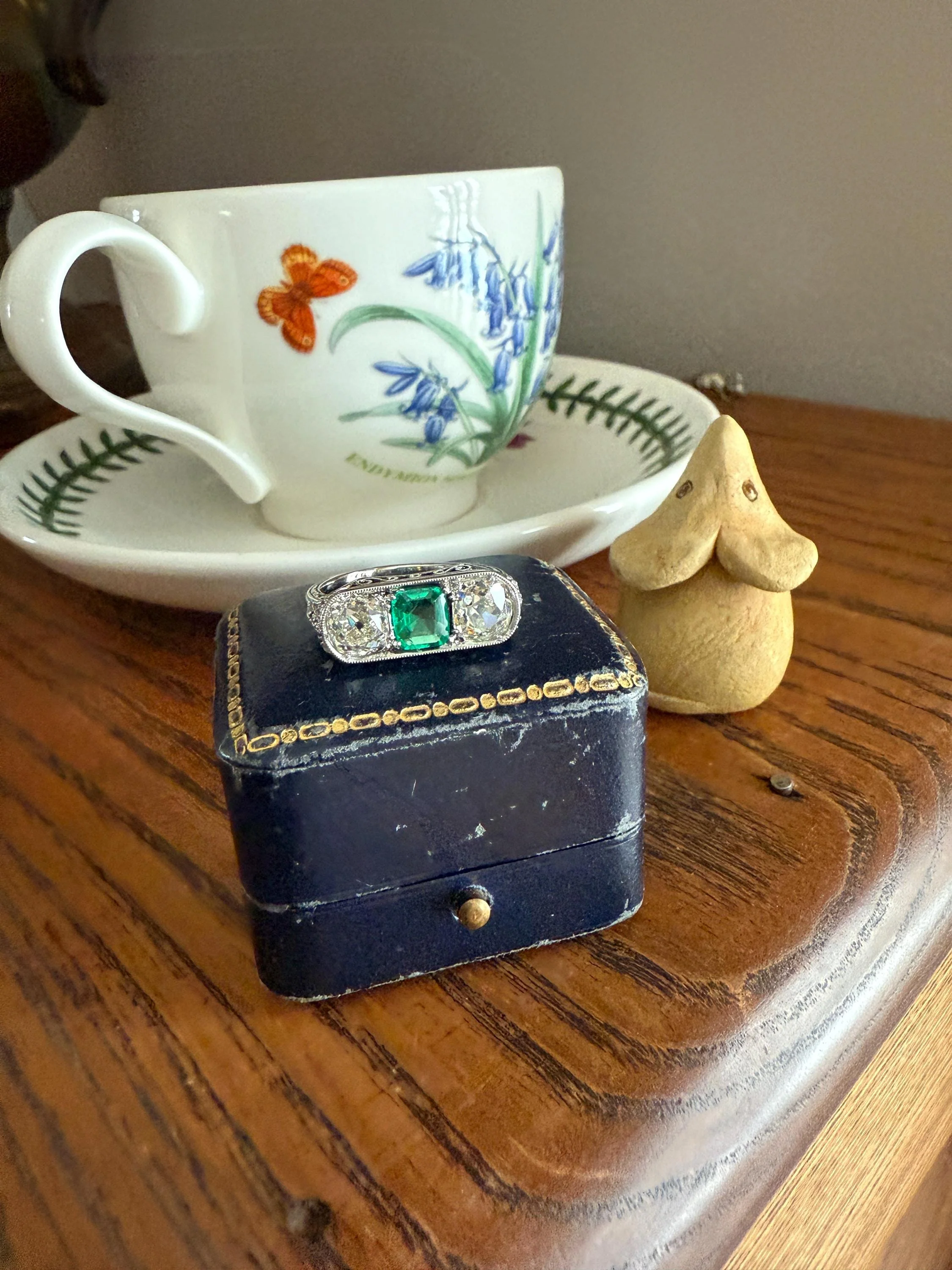 Special Antique Natural Emerald 2 Carats Old Mine Cut DIAMOND Three Stone Ring Boxed Platinum Green Art Deco Ornate Filigree Stacker - Image 14