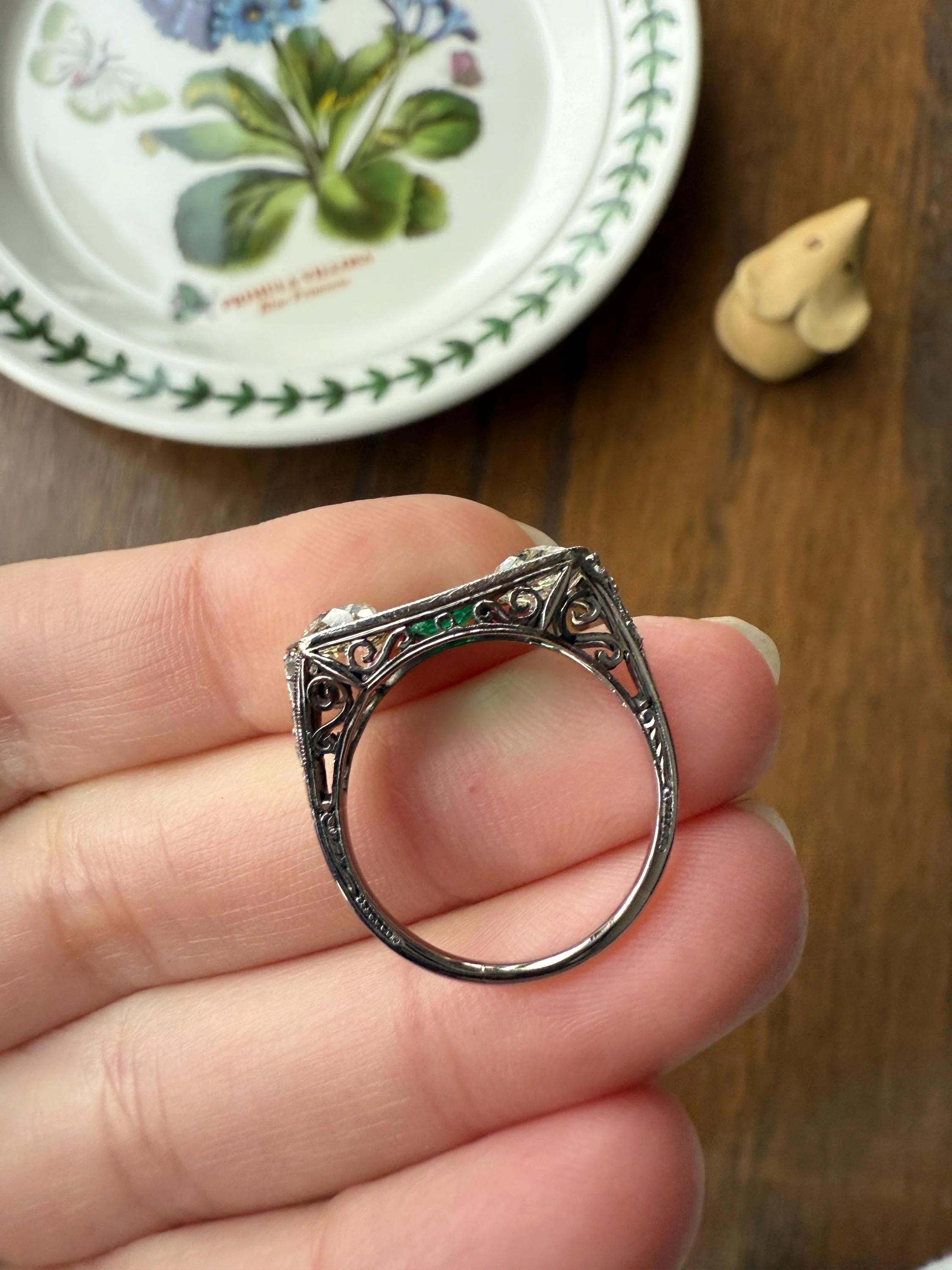 Special Antique Natural Emerald 2 Carats Old Mine Cut DIAMOND Three Stone Ring Boxed Platinum Green Art Deco Ornate Filigree Stacker - Image 19