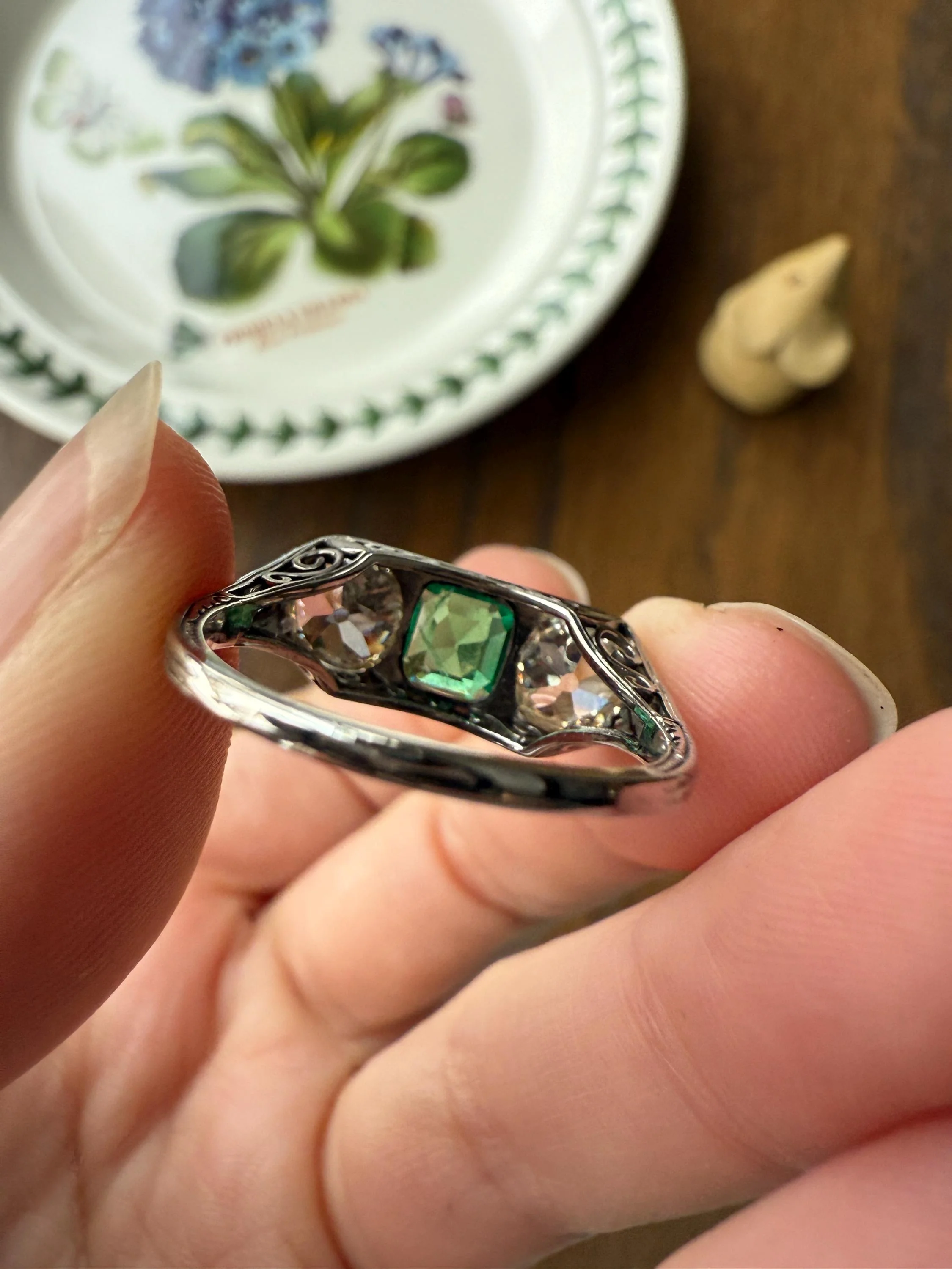 Special Antique Natural Emerald 2 Carats Old Mine Cut DIAMOND Three Stone Ring Boxed Platinum Green Art Deco Ornate Filigree Stacker - Image 20