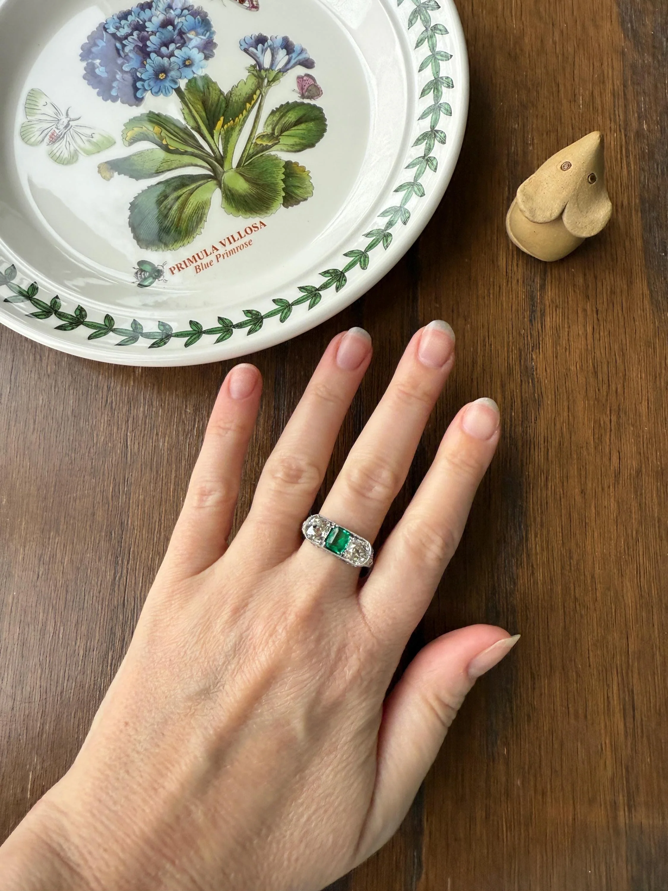 Special Antique Natural Emerald 2 Carats Old Mine Cut DIAMOND Three Stone Ring Boxed Platinum Green Art Deco Ornate Filigree Stacker - Image 8