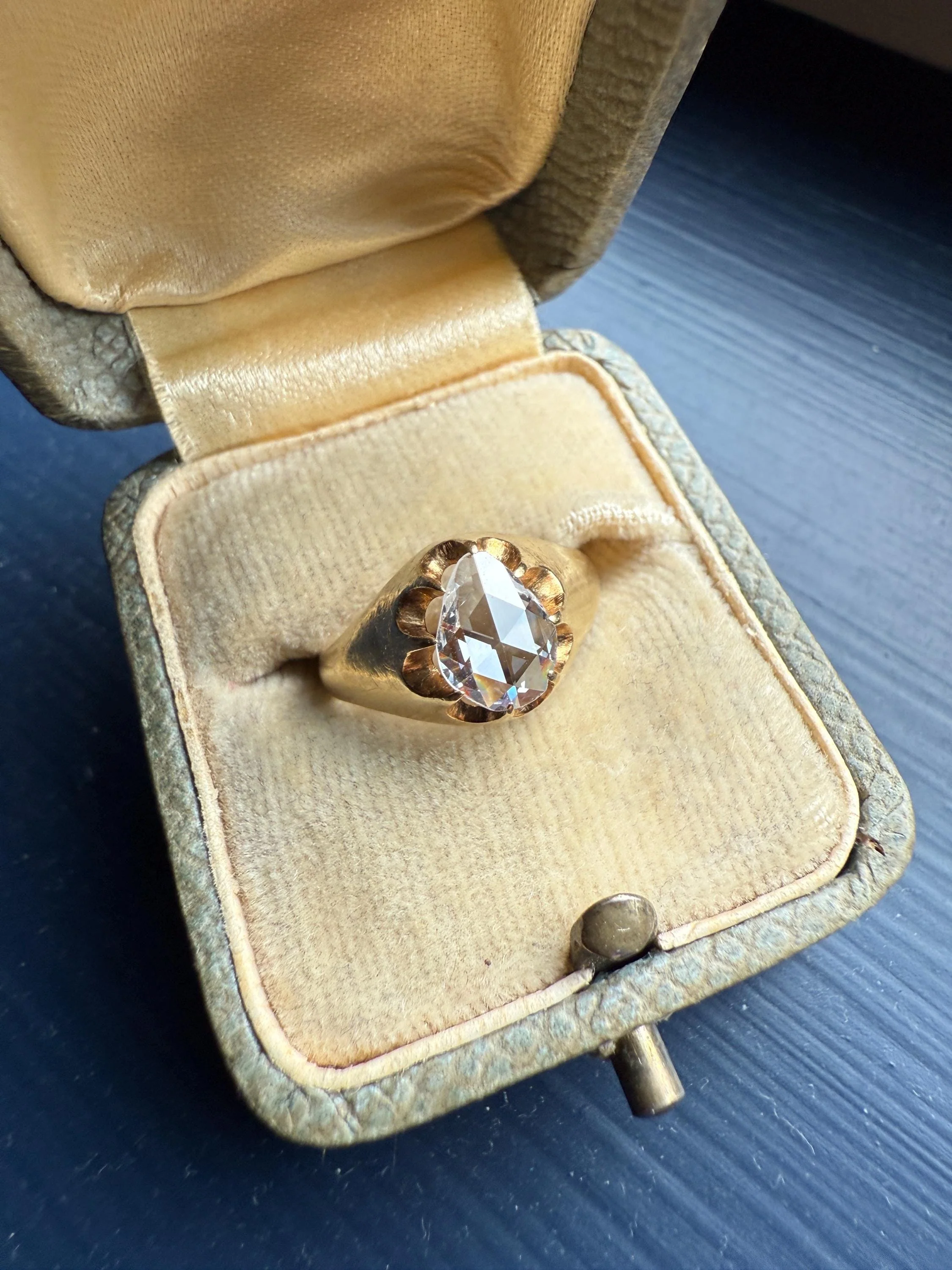 Special PEAR Open Back Rose Cut DIAMOND Original Antique Solitiare 18k Gold Buttercup Belcher Glowing Setting - Image 12