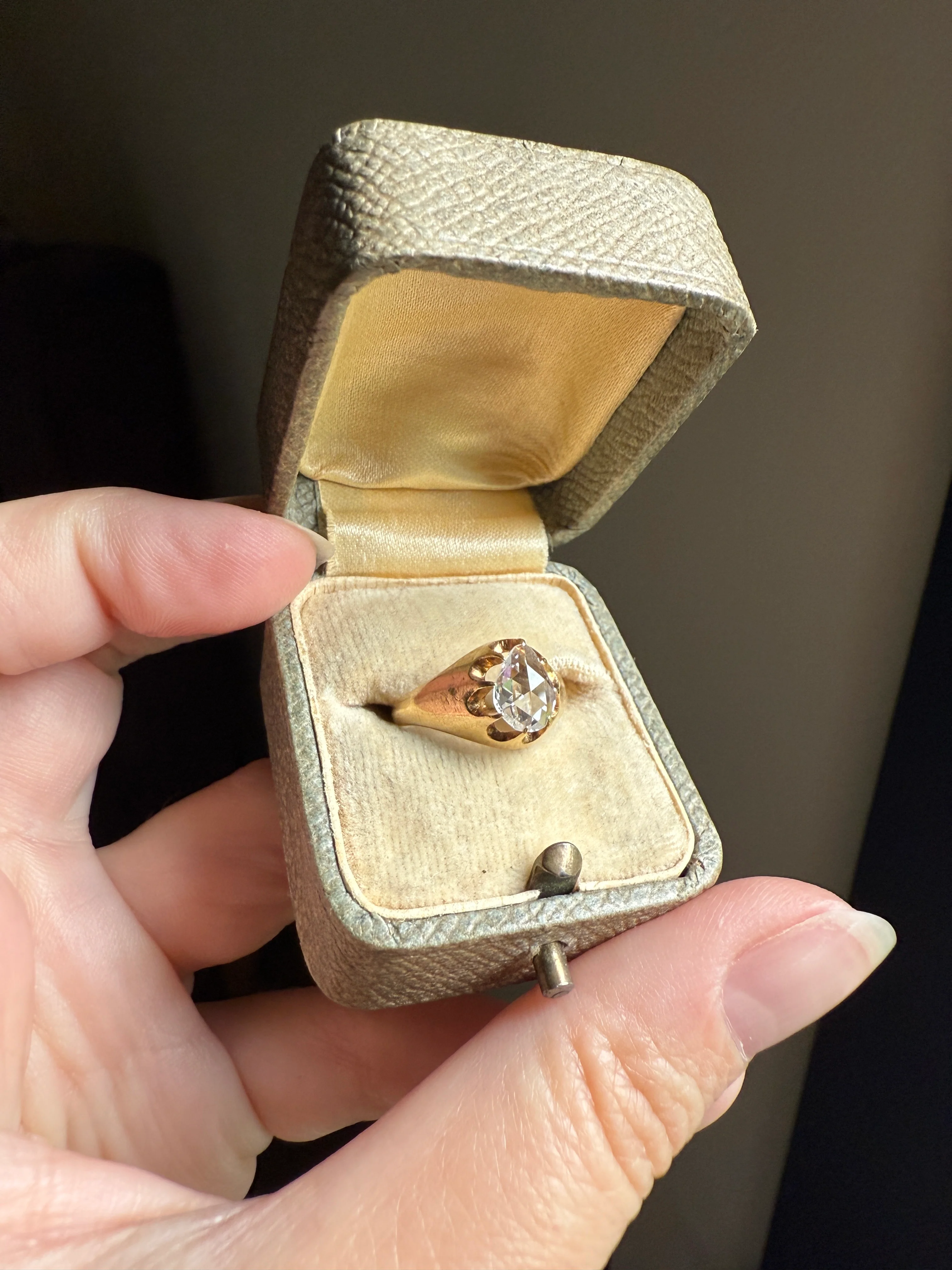 Special PEAR Open Back Rose Cut DIAMOND Original Antique Solitiare 18k Gold Buttercup Belcher Glowing Setting - Image 17