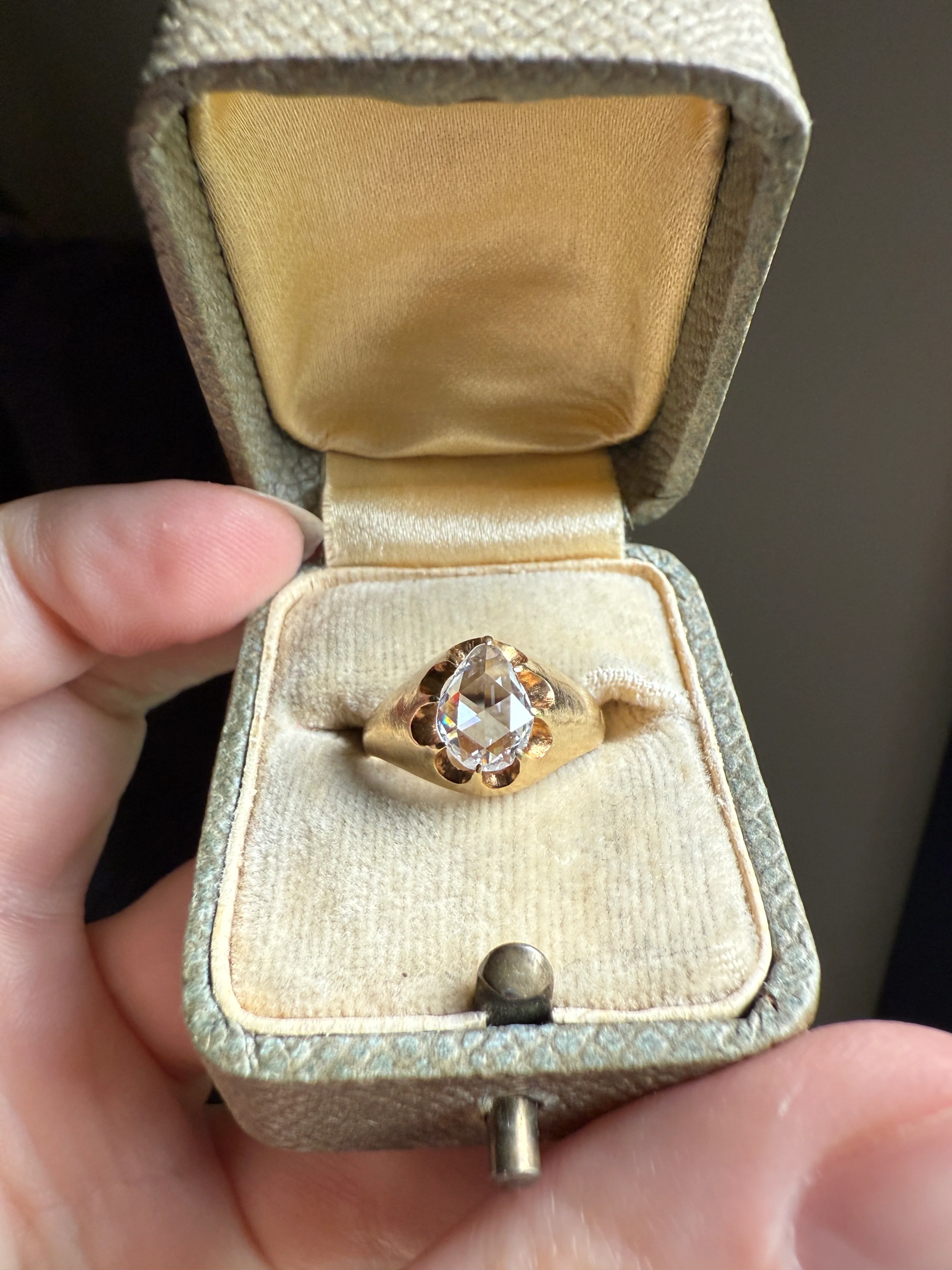 Special PEAR Open Back Rose Cut DIAMOND Original Antique Solitiare 18k Gold Buttercup Belcher Glowing Setting - Image 18