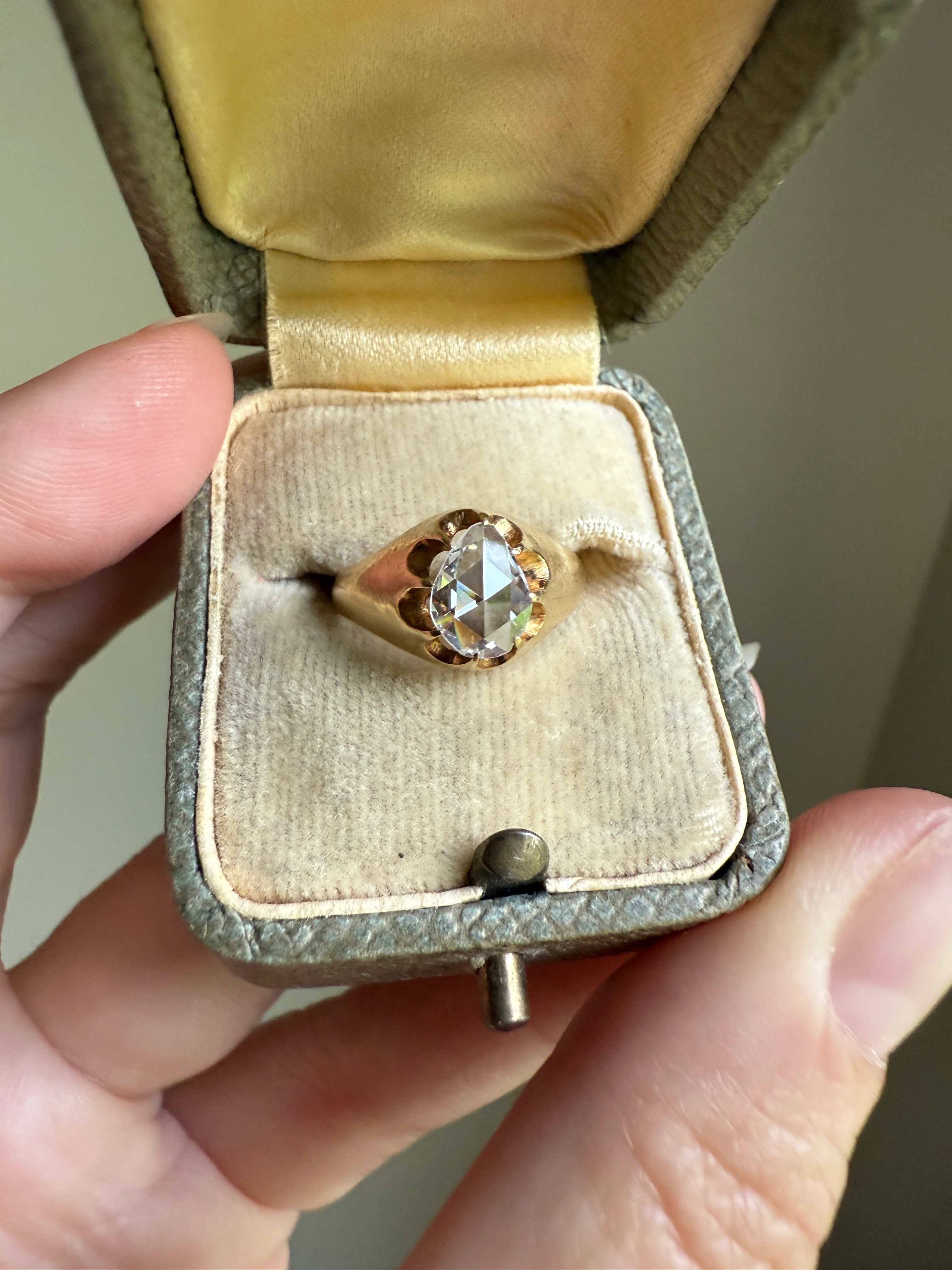 Special PEAR Open Back Rose Cut DIAMOND Original Antique Solitiare 18k Gold Buttercup Belcher Glowing Setting - Image 19