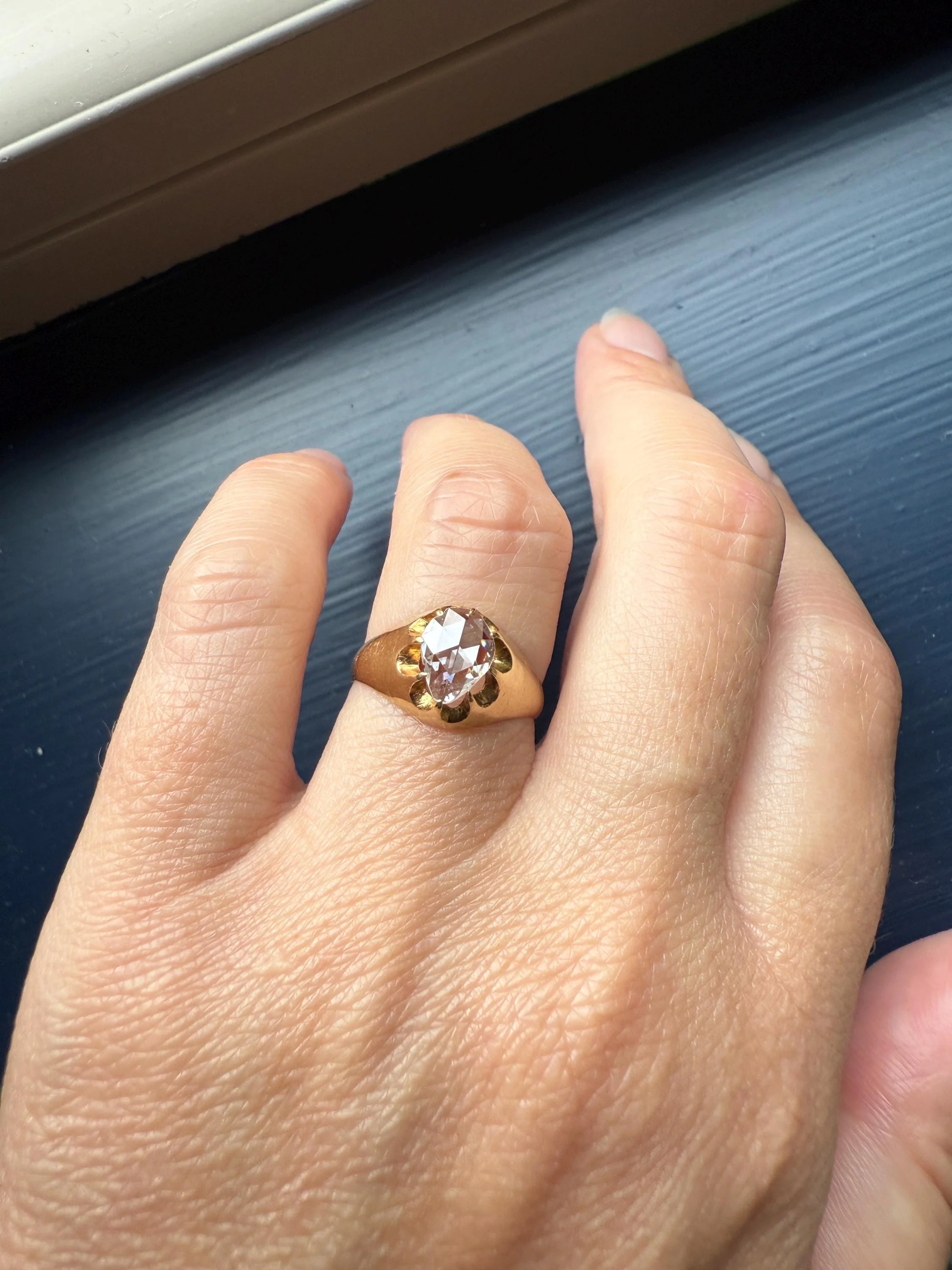 Special PEAR Open Back Rose Cut DIAMOND Original Antique Solitiare 18k Gold Buttercup Belcher Glowing Setting - Image 2