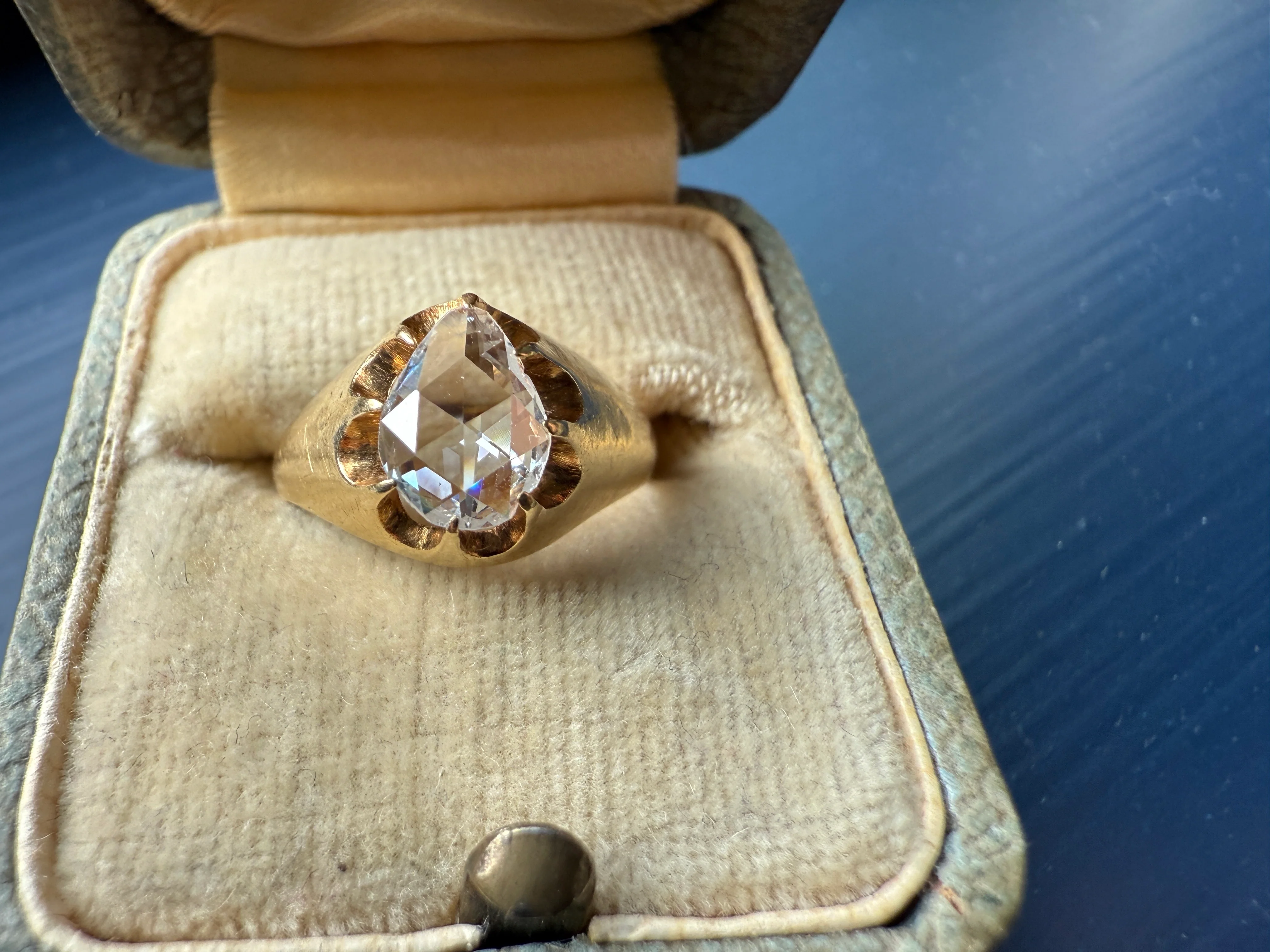 Special PEAR Open Back Rose Cut DIAMOND Original Antique Solitiare 18k Gold Buttercup Belcher Glowing Setting - Image 20
