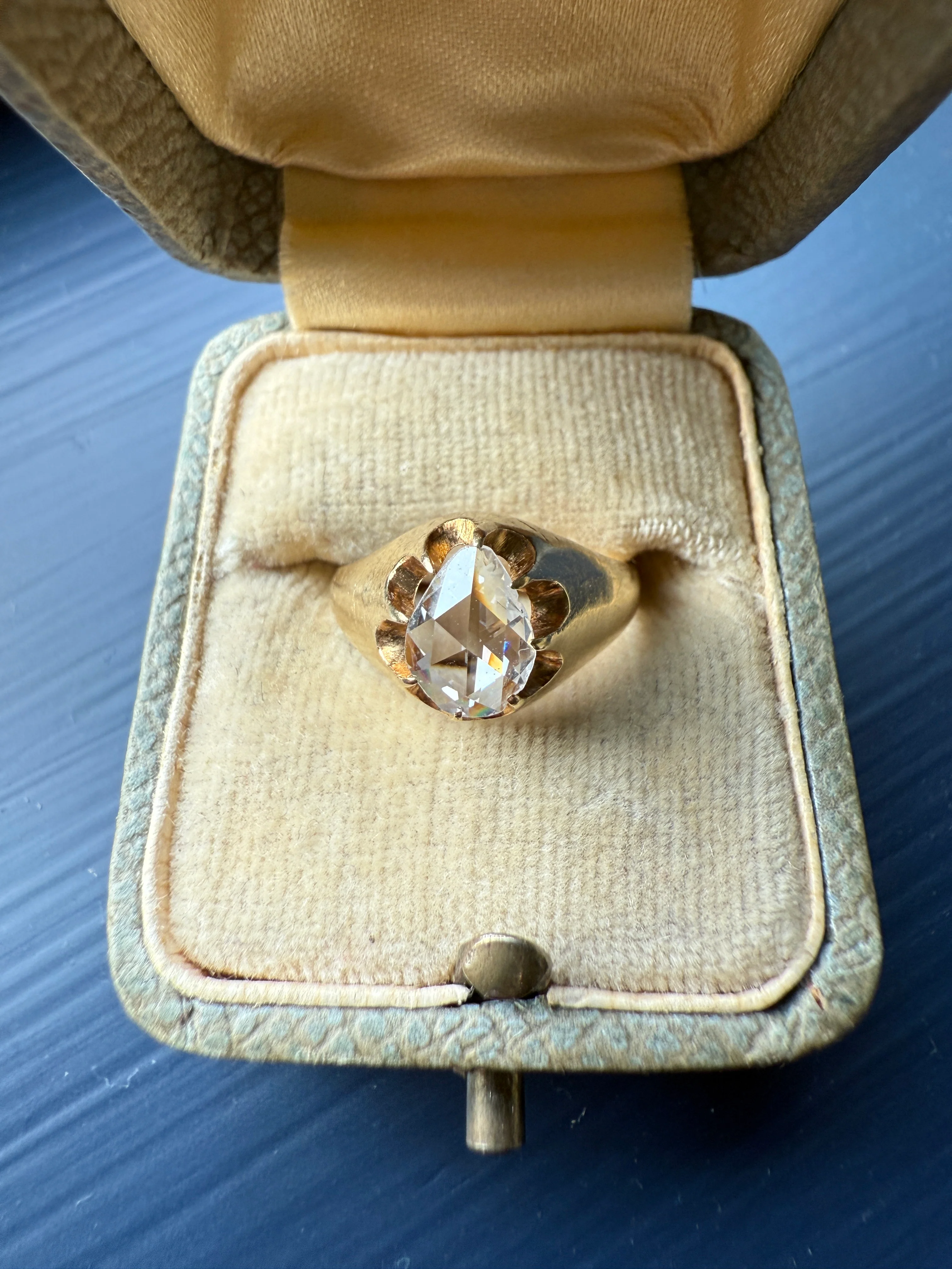 Special PEAR Open Back Rose Cut DIAMOND Original Antique Solitiare 18k Gold Buttercup Belcher Glowing Setting - Image 21