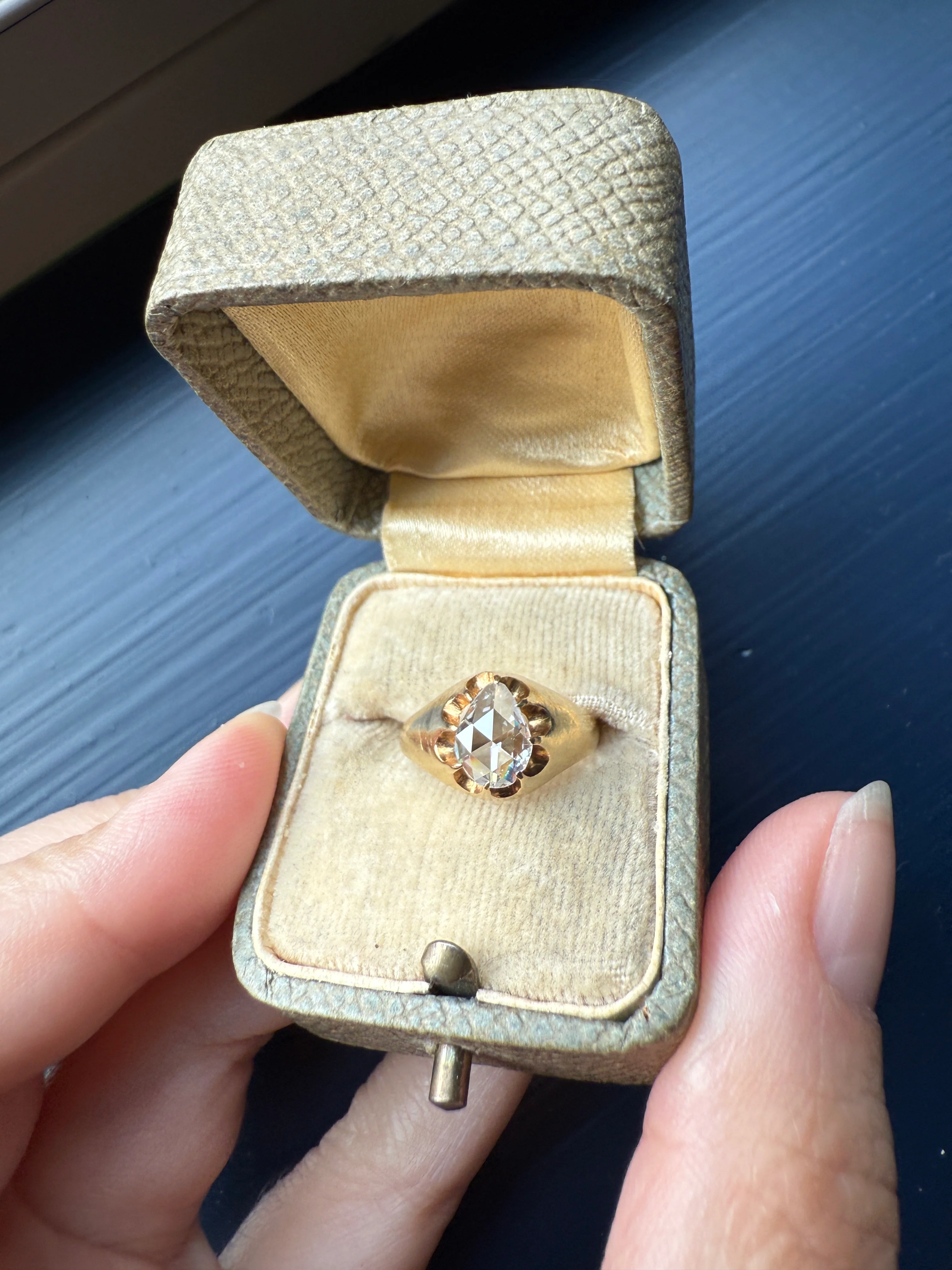 Special PEAR Open Back Rose Cut DIAMOND Original Antique Solitiare 18k Gold Buttercup Belcher Glowing Setting - Image 22