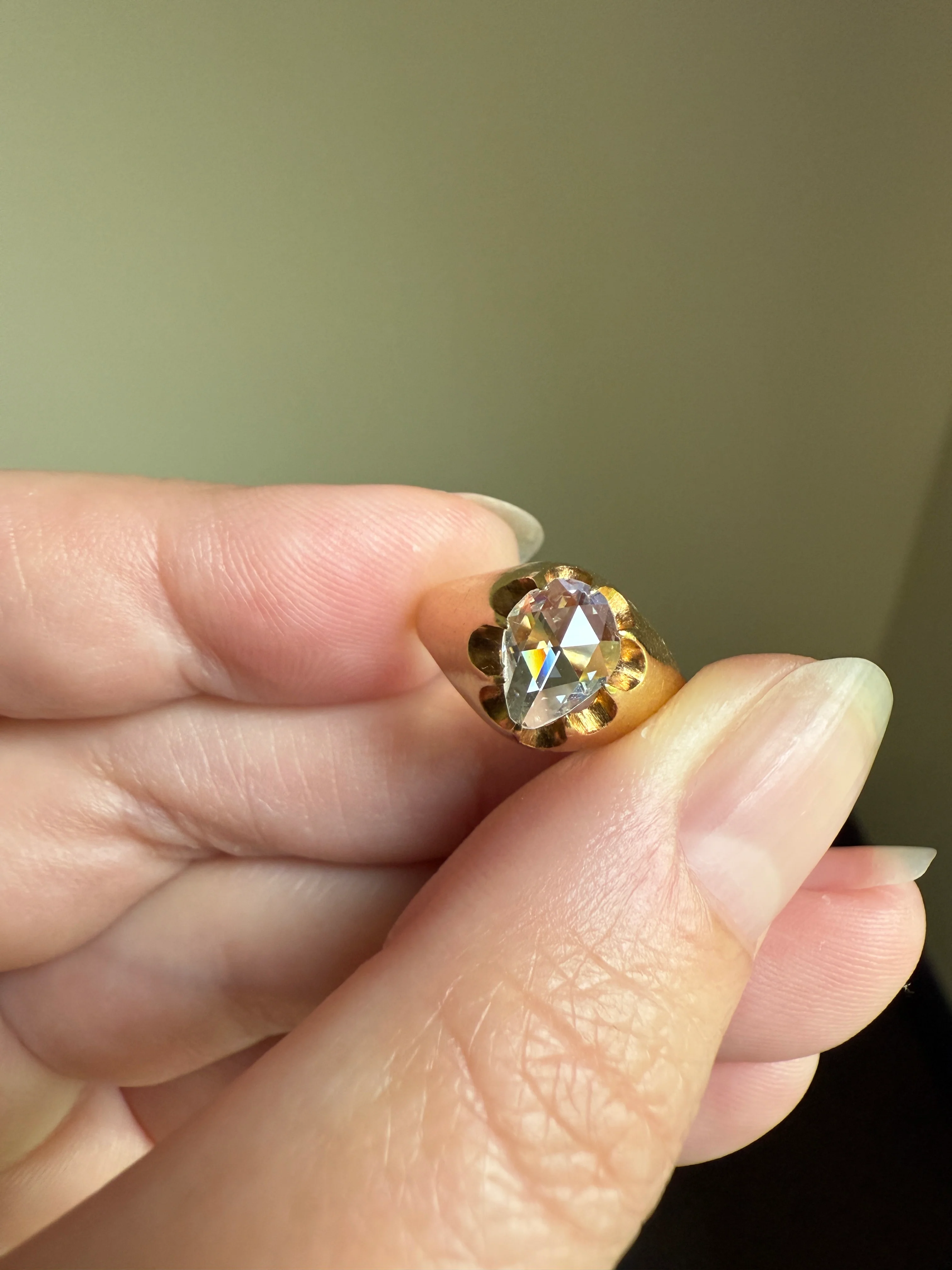 Special PEAR Open Back Rose Cut DIAMOND Original Antique Solitiare 18k Gold Buttercup Belcher Glowing Setting - Image 23