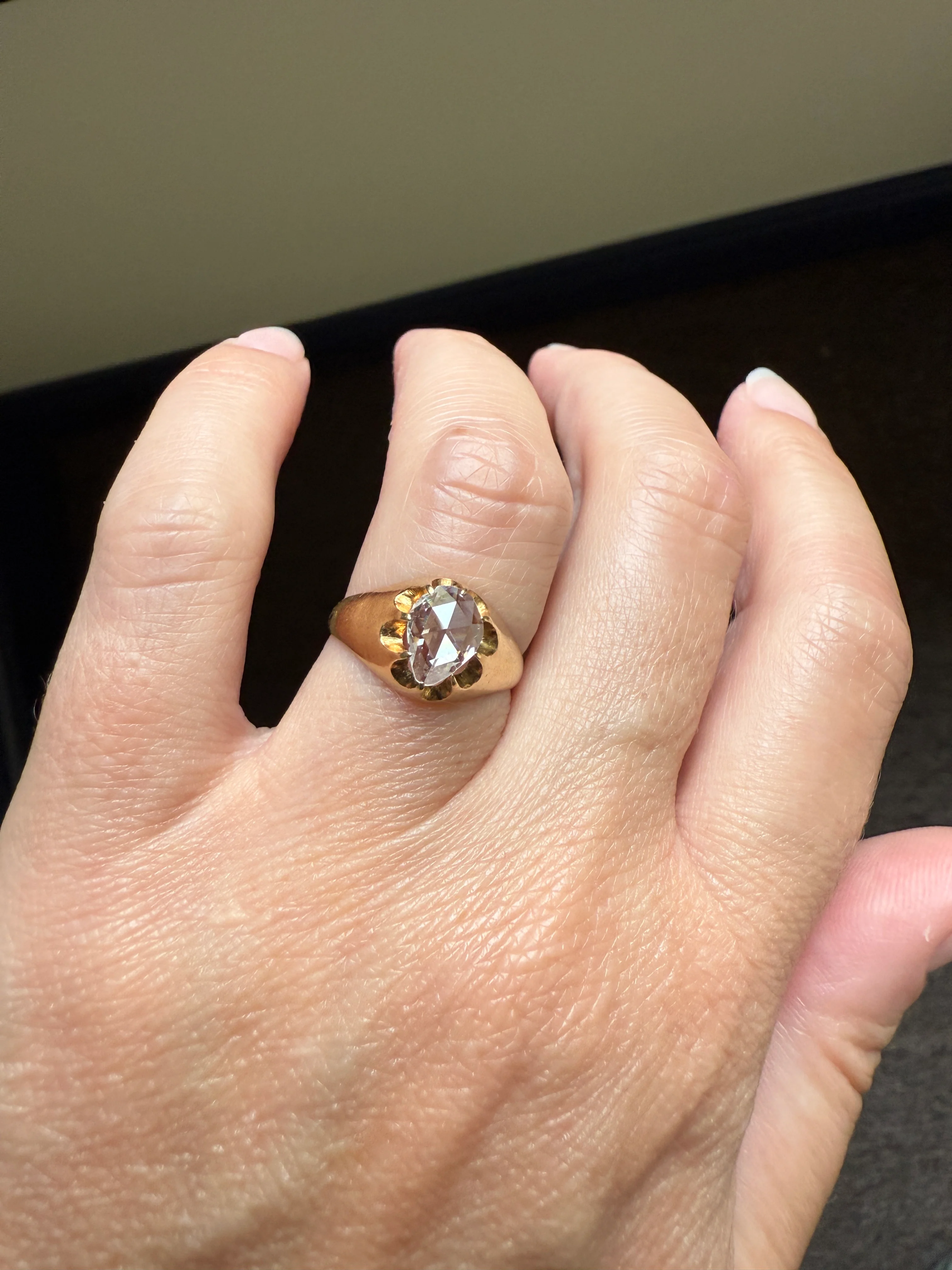 Special PEAR Open Back Rose Cut DIAMOND Original Antique Solitiare 18k Gold Buttercup Belcher Glowing Setting - Image 25