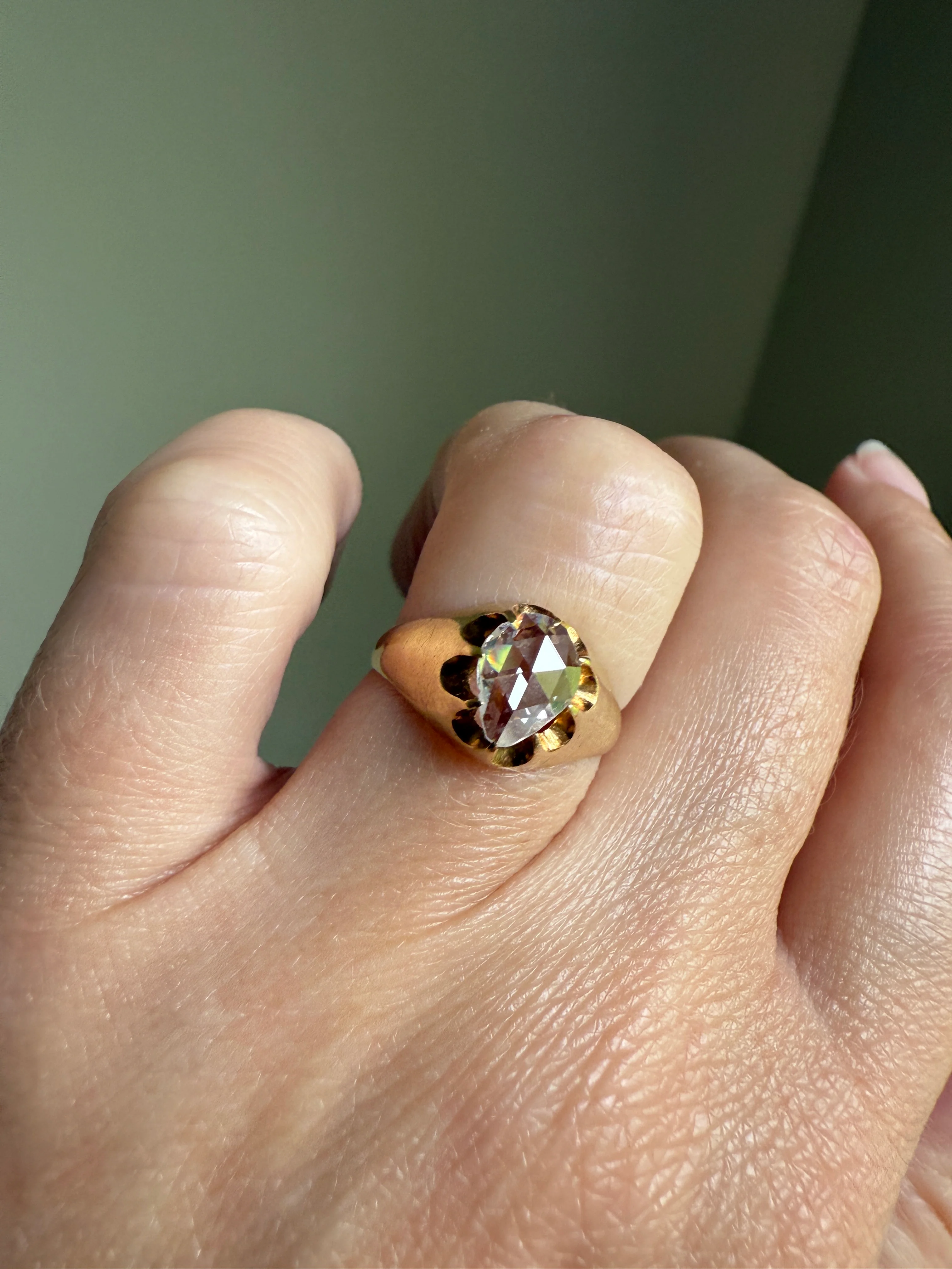Special PEAR Open Back Rose Cut DIAMOND Original Antique Solitiare 18k Gold Buttercup Belcher Glowing Setting - Image 26