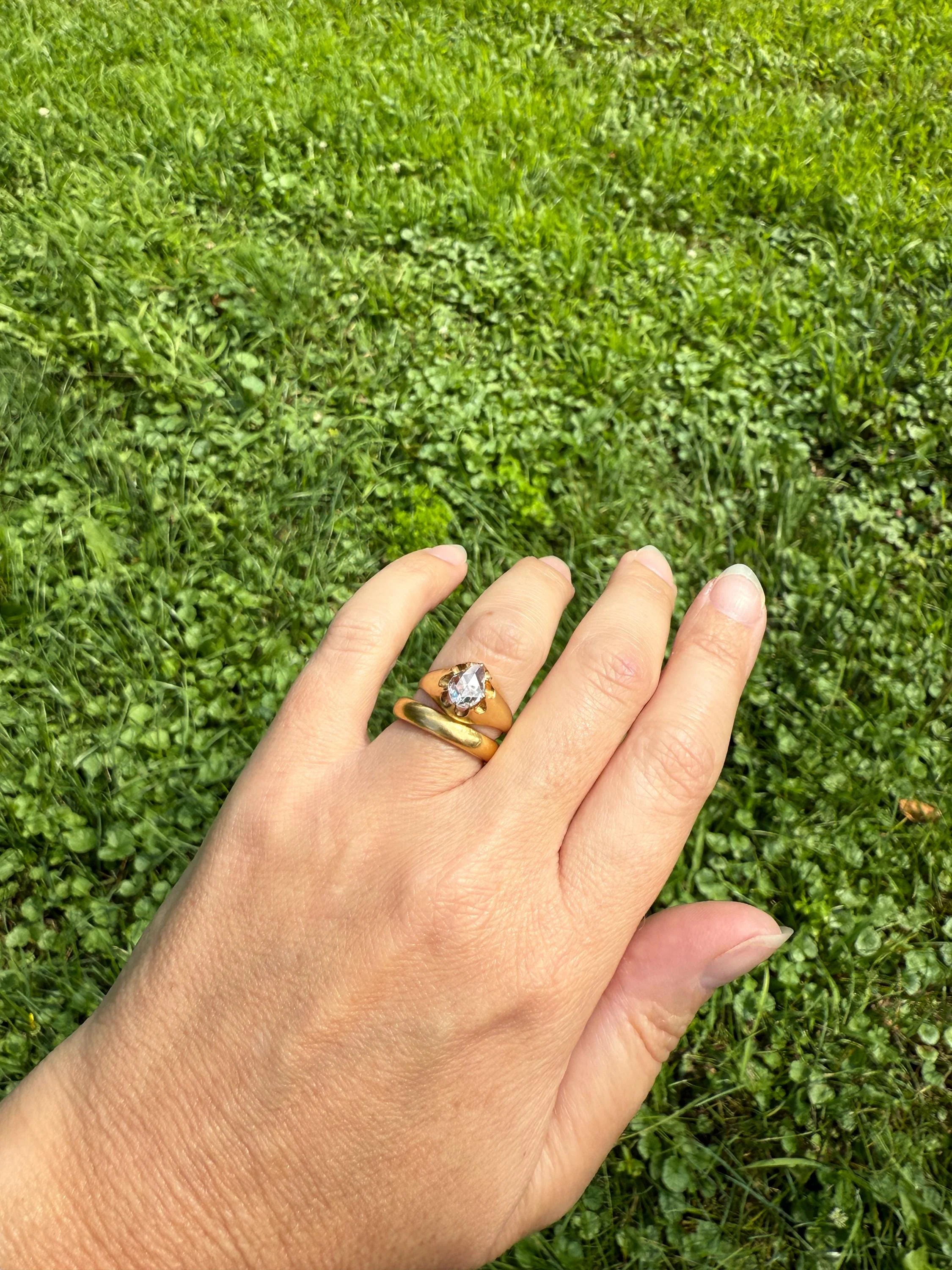 Special PEAR Open Back Rose Cut DIAMOND Original Antique Solitiare 18k Gold Buttercup Belcher Glowing Setting - Image 3