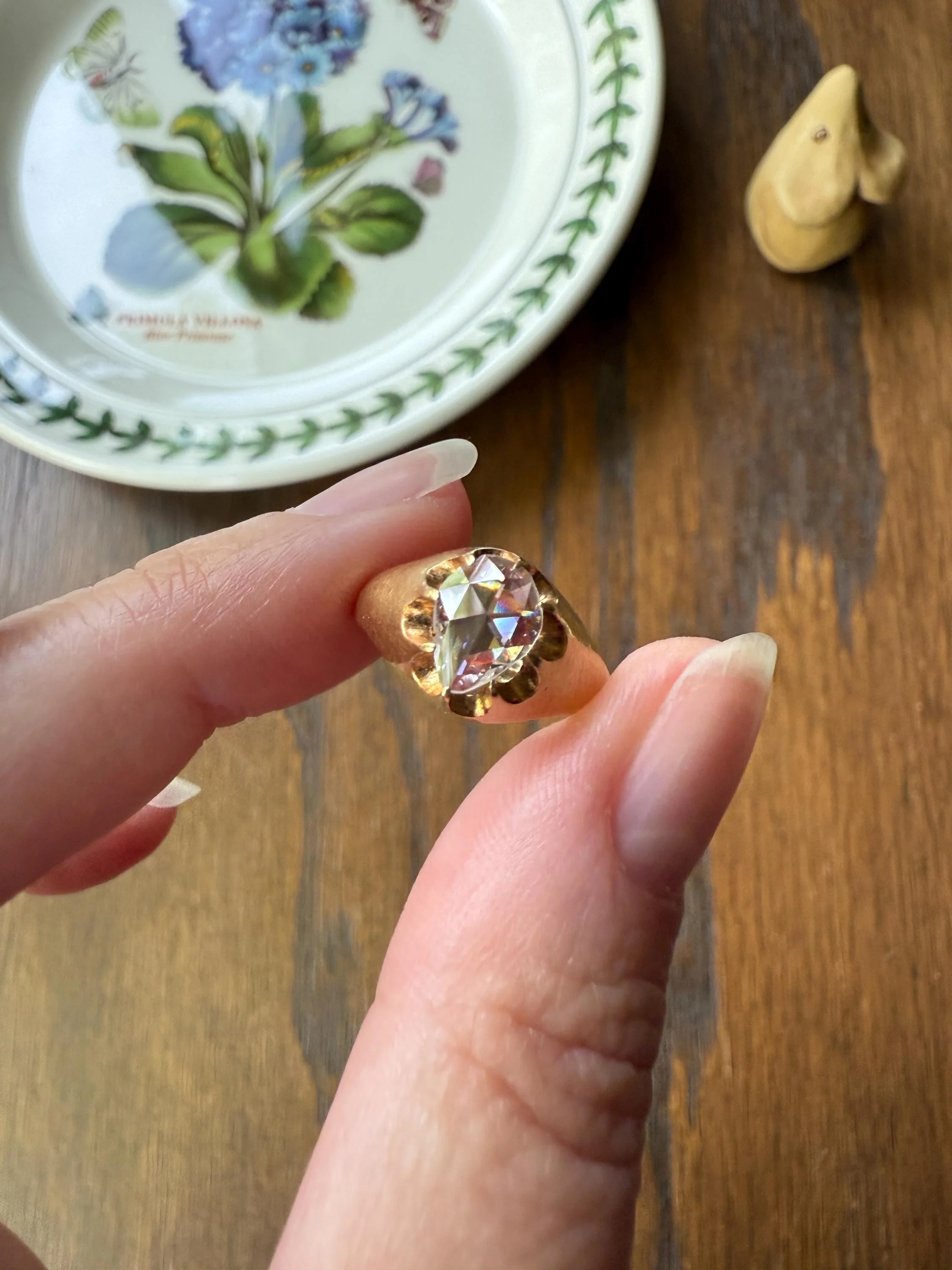 Special PEAR Open Back Rose Cut DIAMOND Original Antique Solitiare 18k Gold Buttercup Belcher Glowing Setting - Image 4