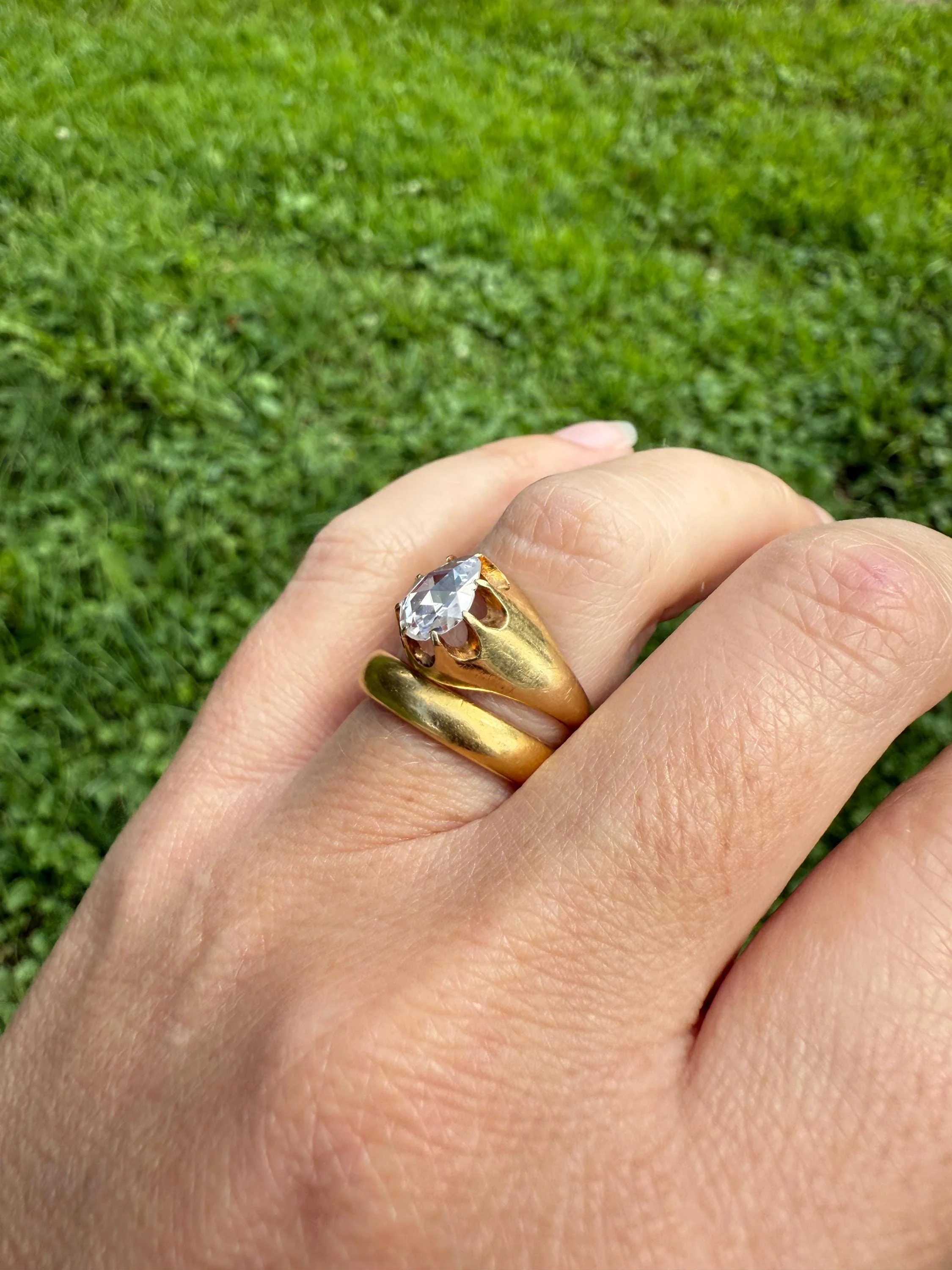 Special PEAR Open Back Rose Cut DIAMOND Original Antique Solitiare 18k Gold Buttercup Belcher Glowing Setting - Image 5
