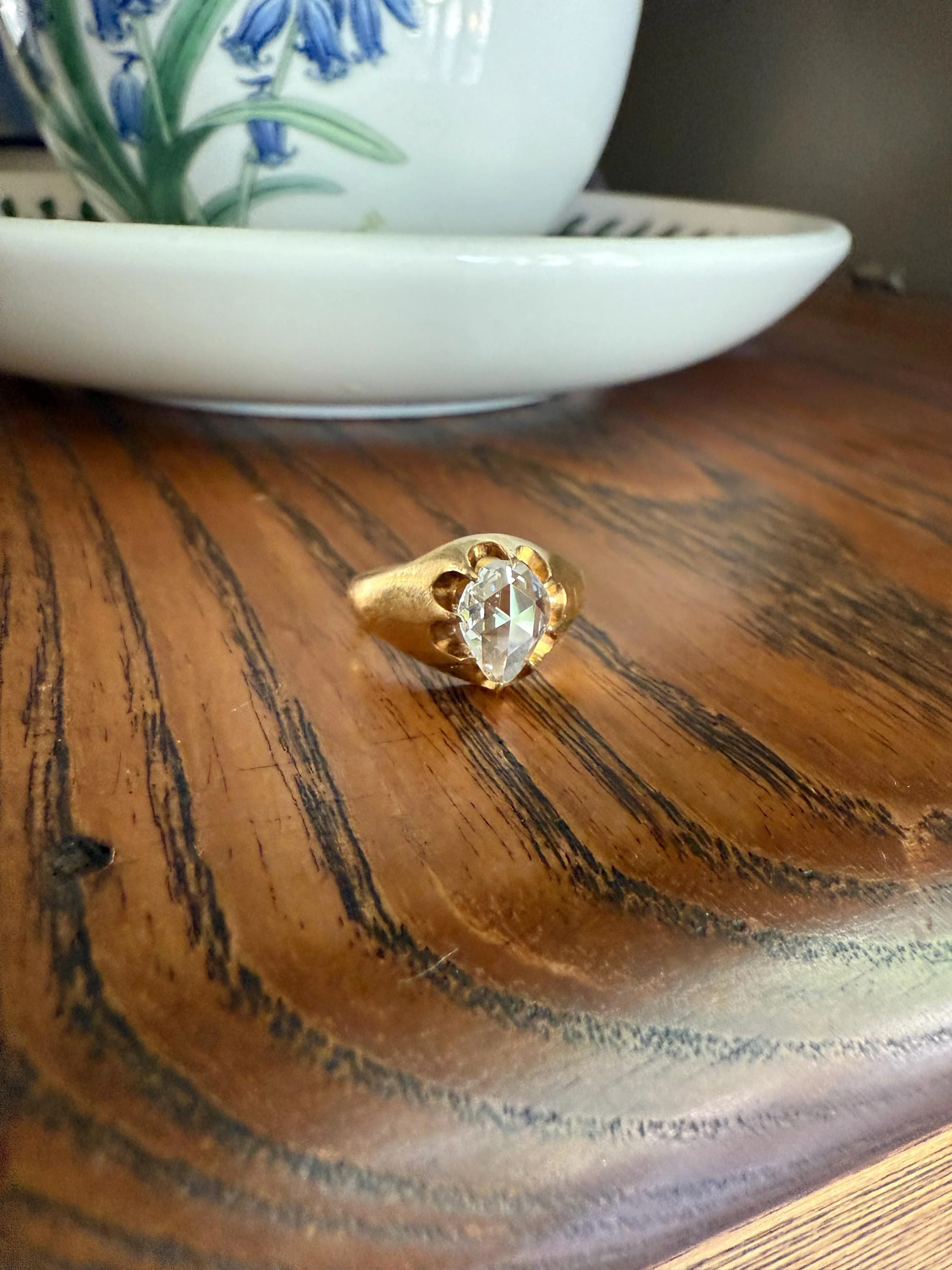 Special PEAR Open Back Rose Cut DIAMOND Original Antique Solitiare 18k Gold Buttercup Belcher Glowing Setting - Image 6