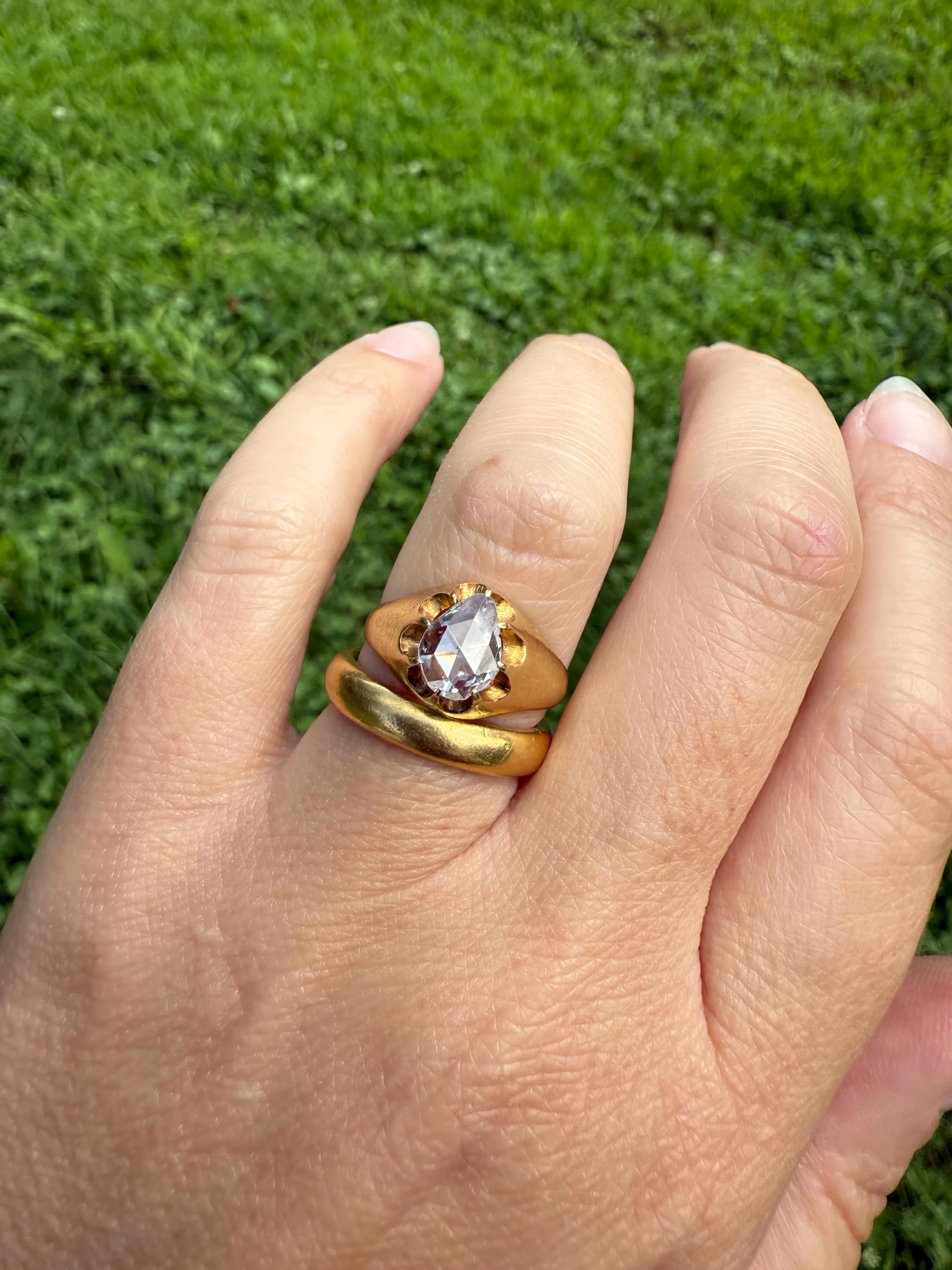 Special PEAR Open Back Rose Cut DIAMOND Original Antique Solitiare 18k Gold Buttercup Belcher Glowing Setting - Image 7