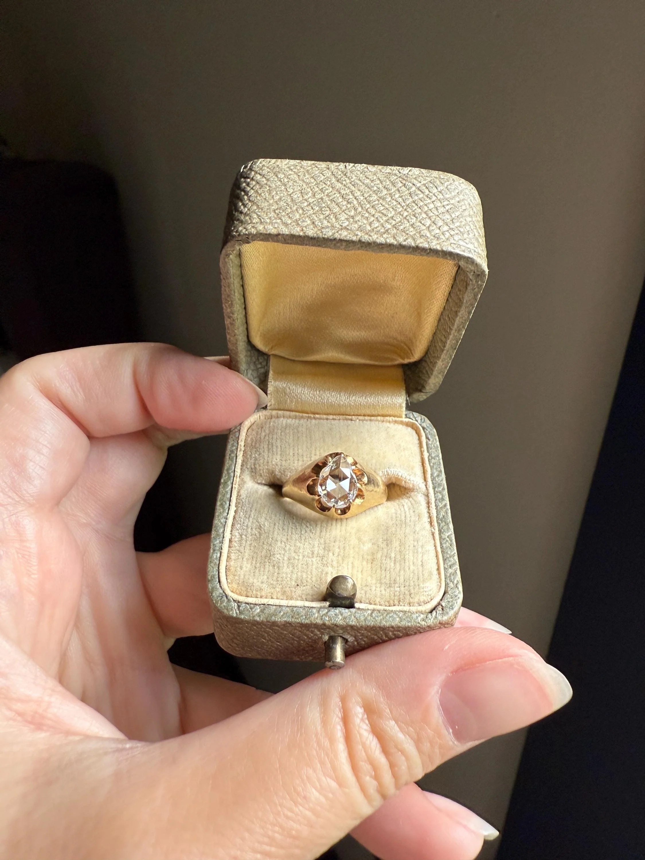 Special PEAR Open Back Rose Cut DIAMOND Original Antique Solitiare 18k Gold Buttercup Belcher Glowing Setting - Image 8