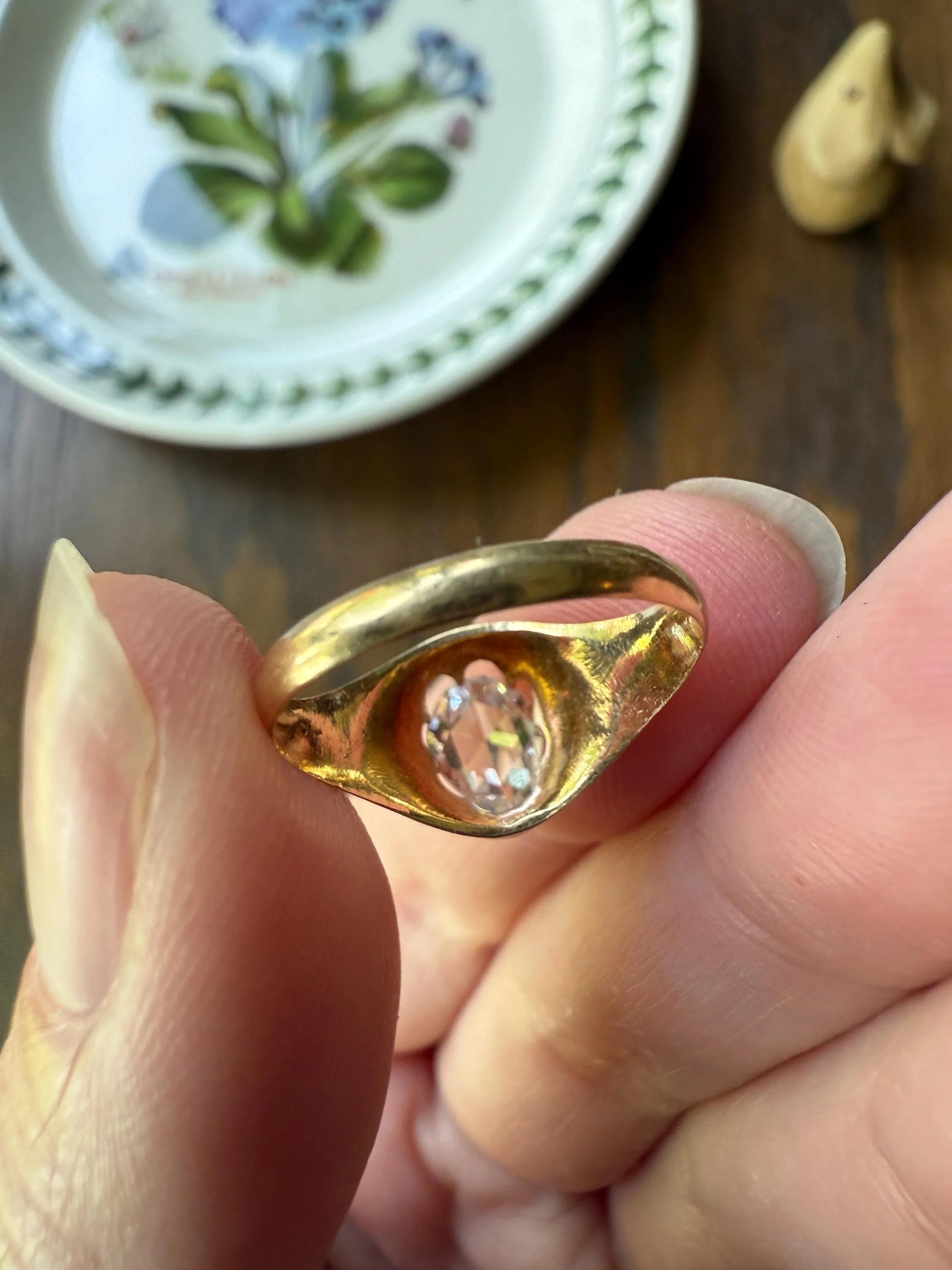 Special PEAR Open Back Rose Cut DIAMOND Original Antique Solitiare 18k Gold Buttercup Belcher Glowing Setting - Image 9
