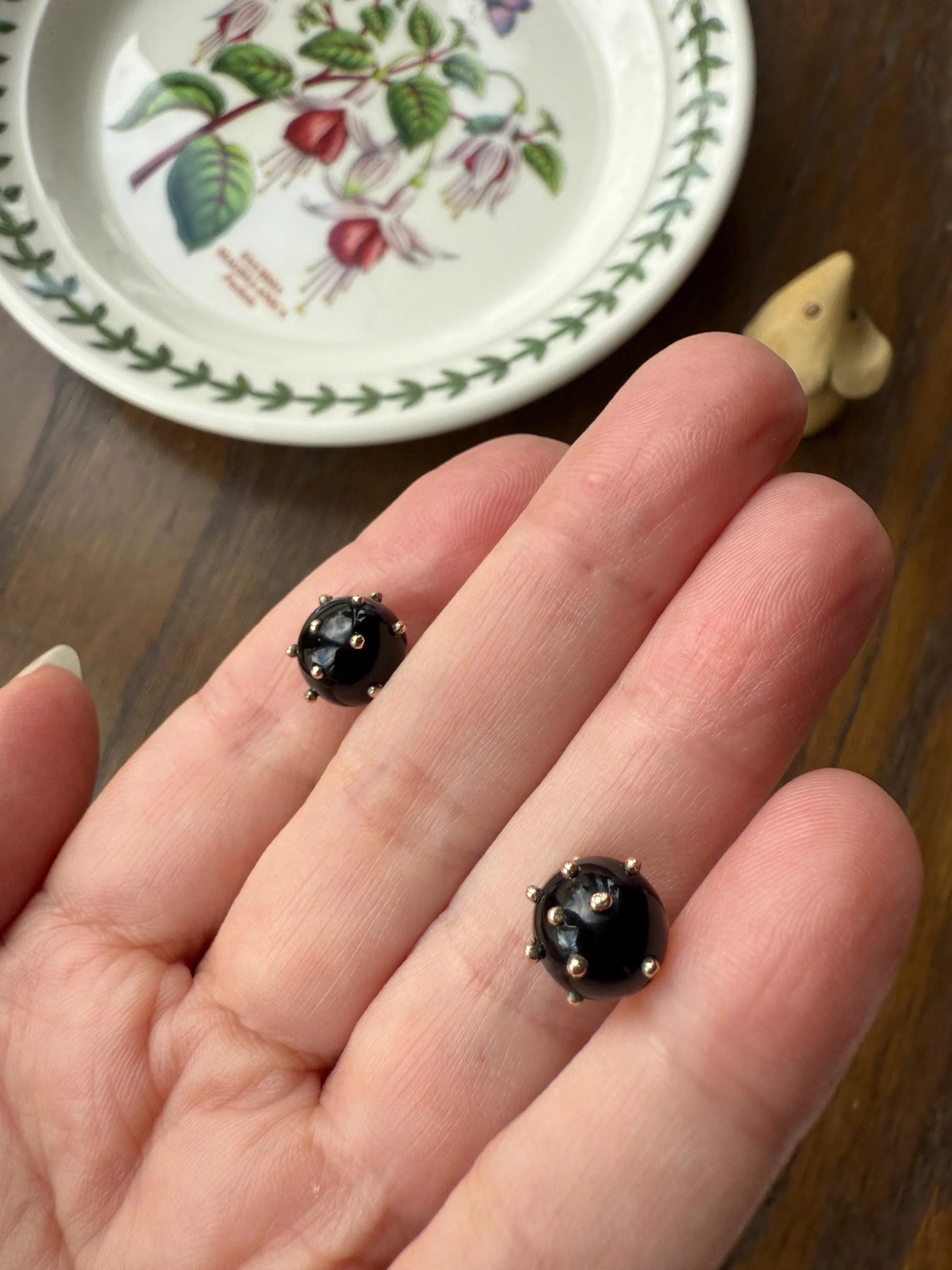 Sphere Circular 3D Victorian Black Spiked Stud Earrings with Ball Rivets " Sputnik " Style but Antique 10k Gold Studs Jet? - Image 10
