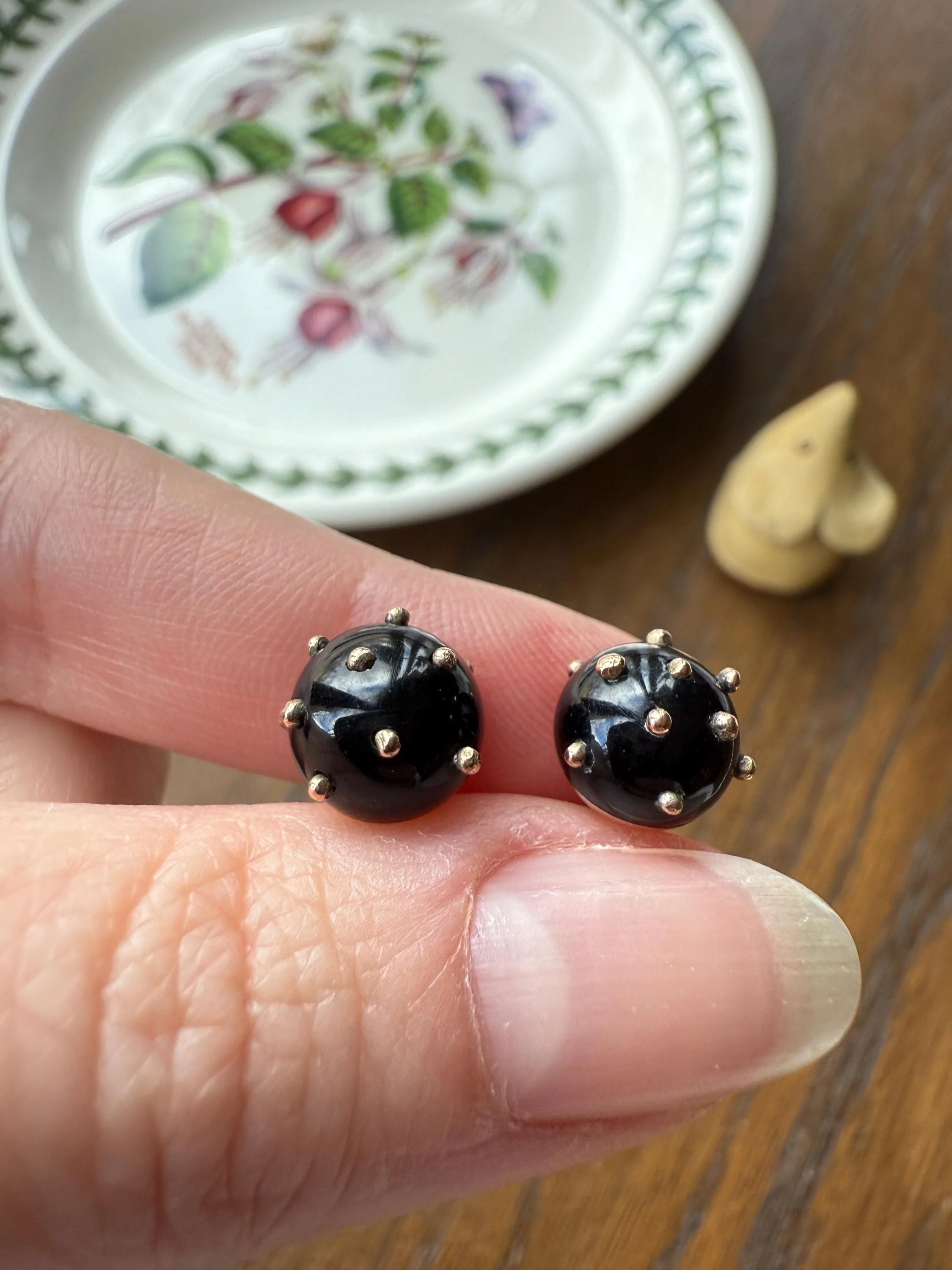 Sphere Circular 3D Victorian Black Spiked Stud Earrings with Ball Rivets " Sputnik " Style but Antique 10k Gold Studs Jet? - Image 11