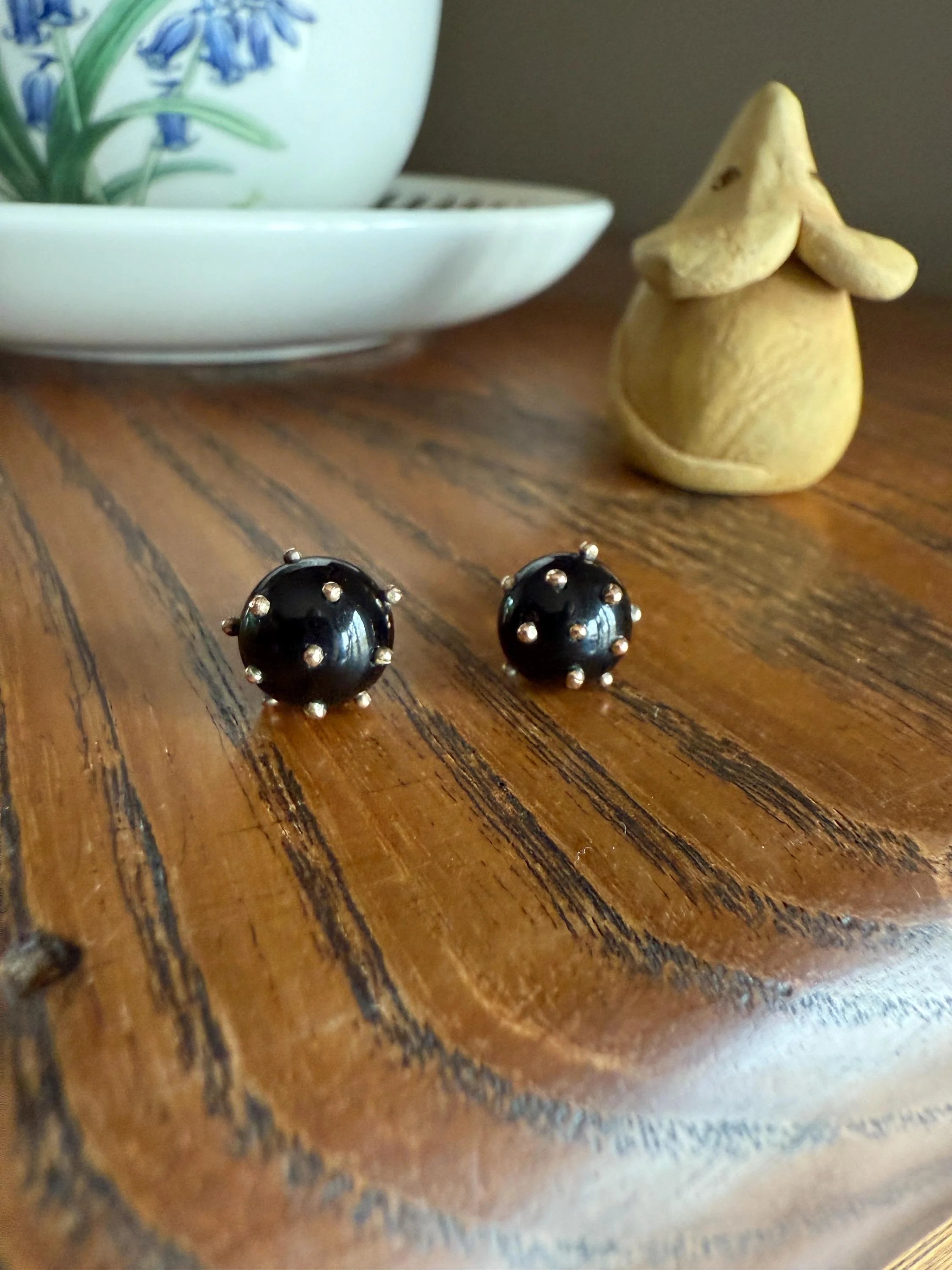 Sphere Circular 3D Victorian Black Spiked Stud Earrings with Ball Rivets " Sputnik " Style but Antique 10k Gold Studs Jet? - Image 15