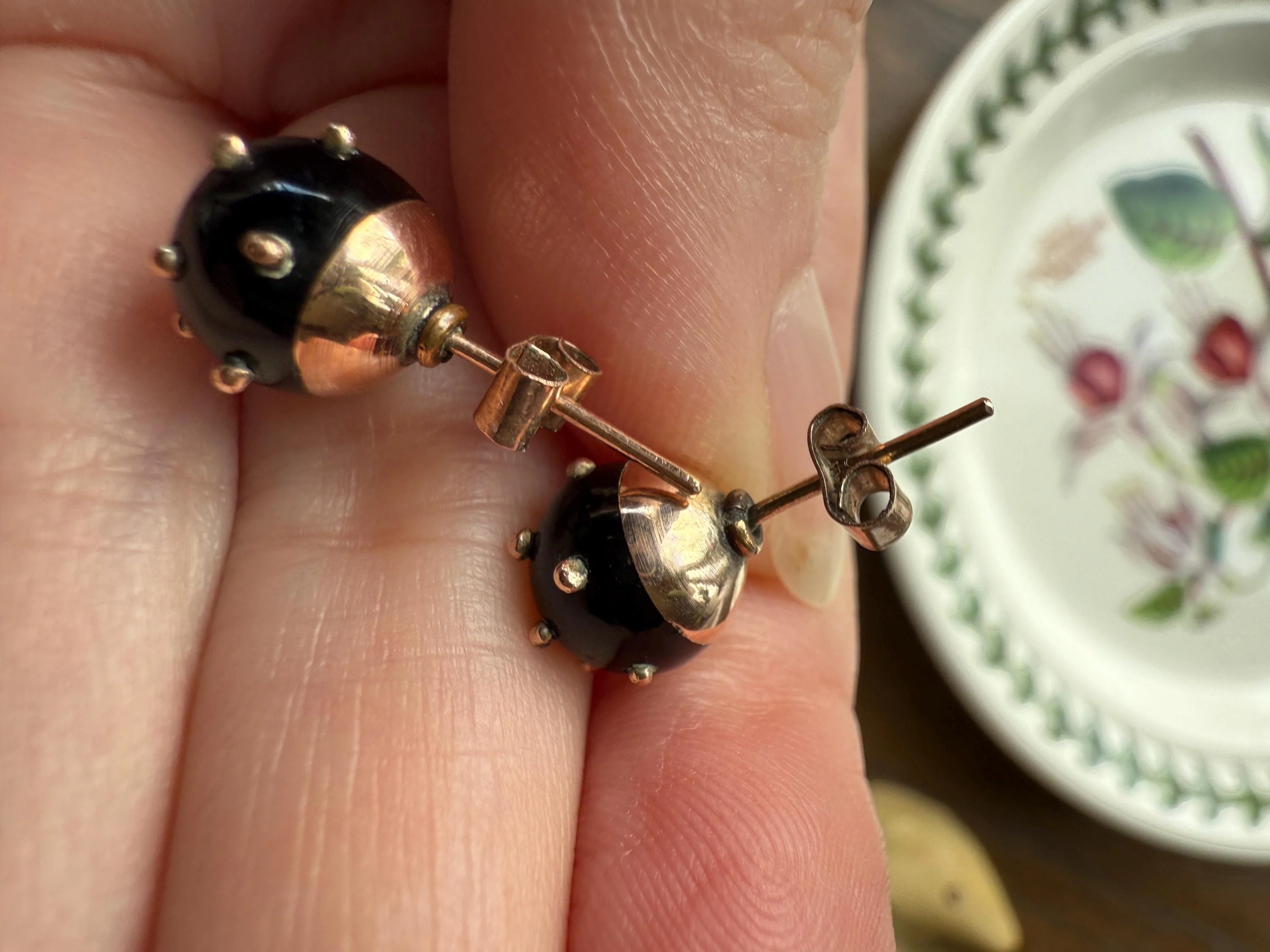Sphere Circular 3D Victorian Black Spiked Stud Earrings with Ball Rivets " Sputnik " Style but Antique 10k Gold Studs Jet? - Image 17