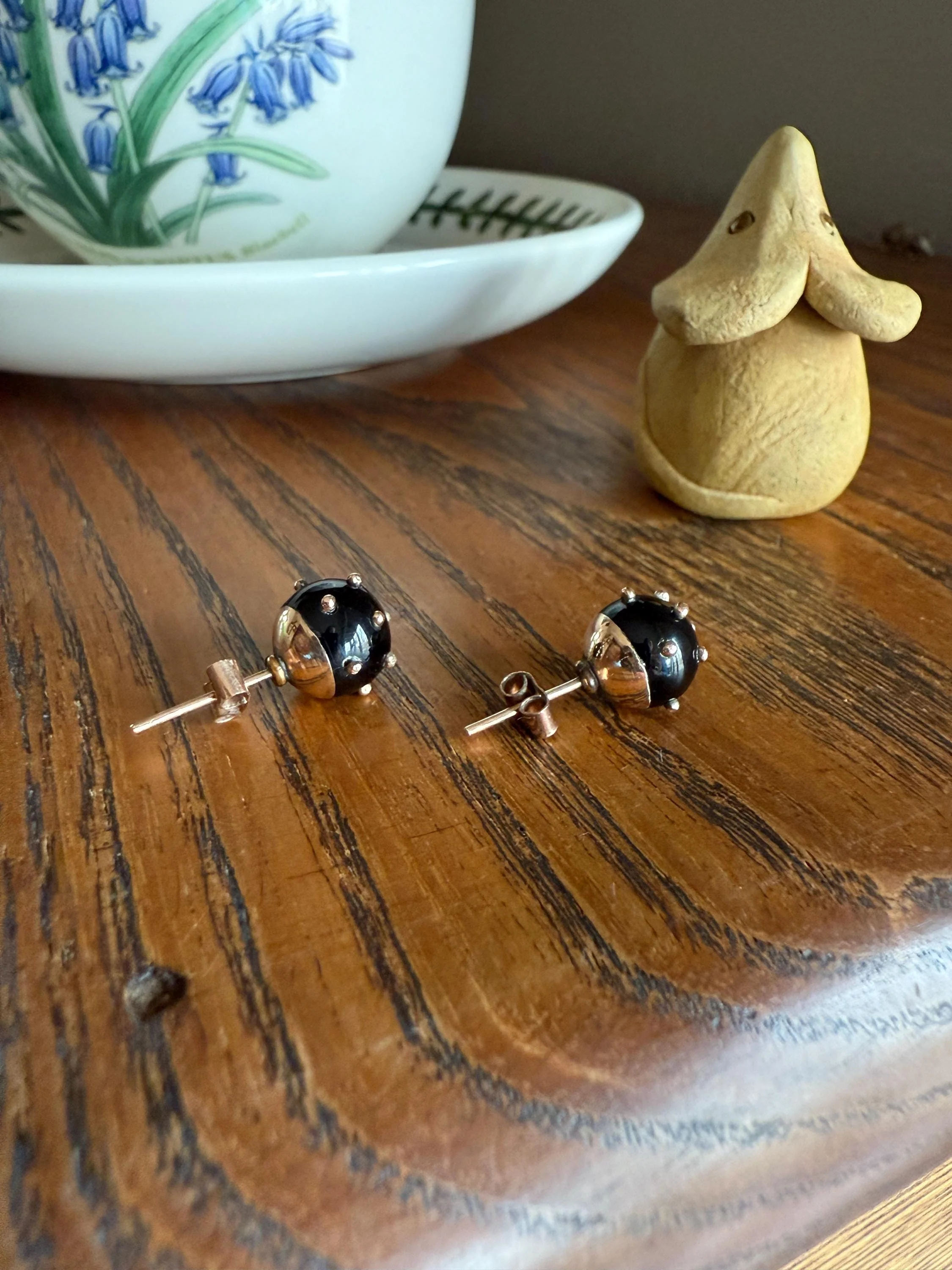 Sphere Circular 3D Victorian Black Spiked Stud Earrings with Ball Rivets " Sputnik " Style but Antique 10k Gold Studs Jet? - Image 4