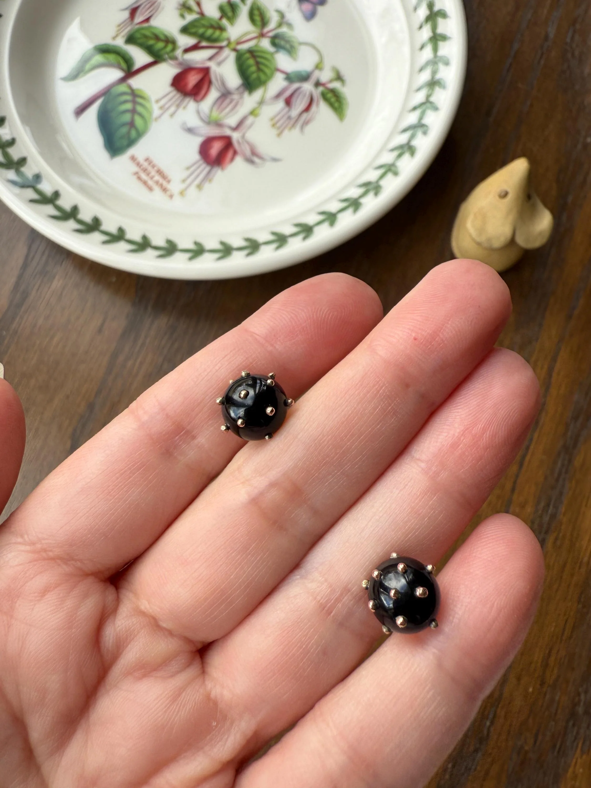 Sphere Circular 3D Victorian Black Spiked Stud Earrings with Ball Rivets " Sputnik " Style but Antique 10k Gold Studs Jet? - Image 6