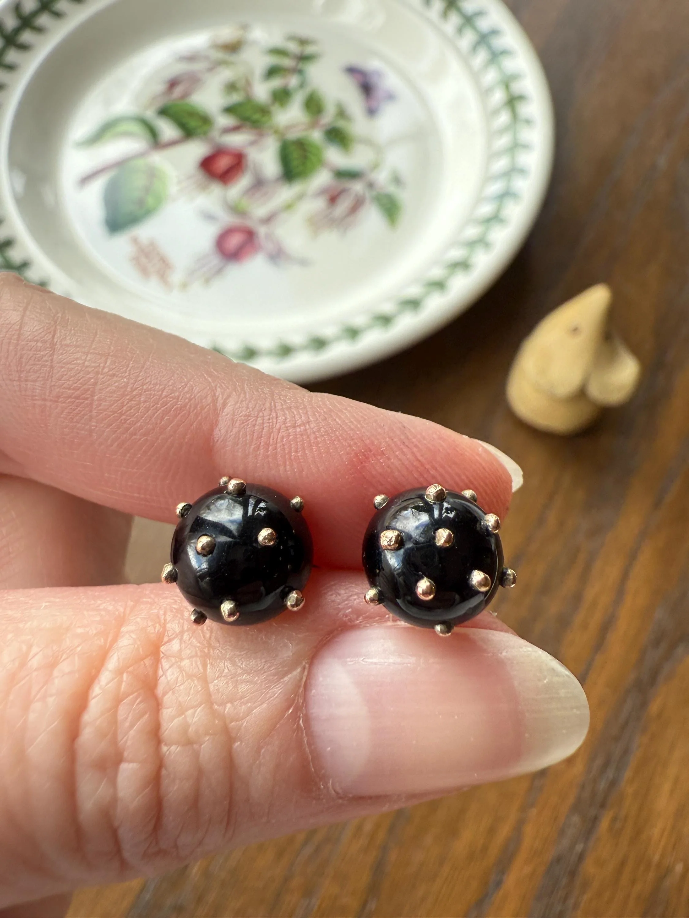 Sphere Circular 3D Victorian Black Spiked Stud Earrings with Ball Rivets " Sputnik " Style but Antique 10k Gold Studs Jet? - Image 8
