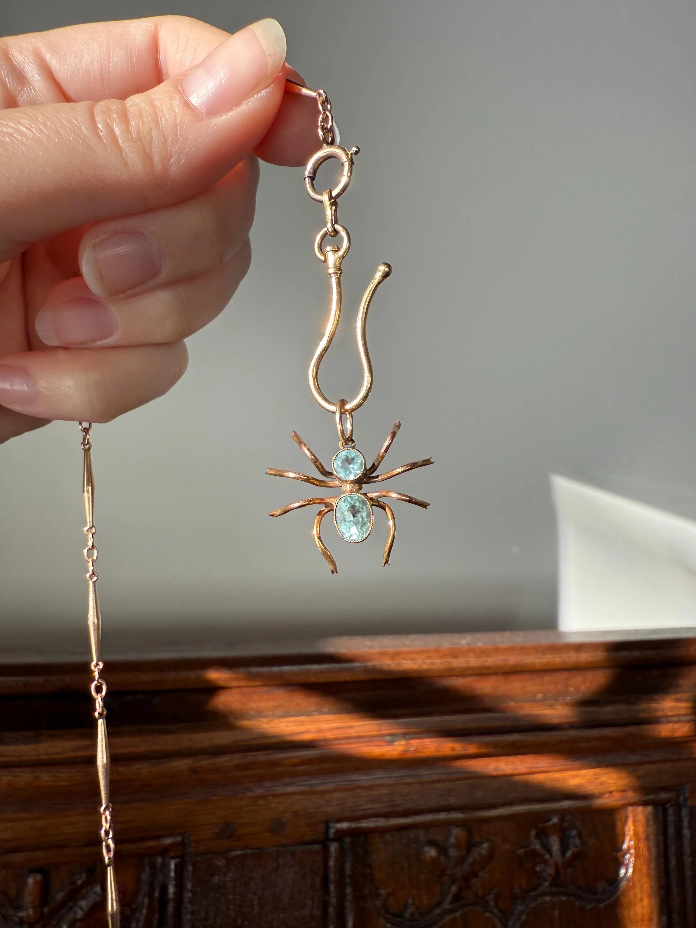 SPIDER Victorian Antique Figural 10k Gold Light Blue Paste Aquamarine Pendant Bugs Insects - Image 11